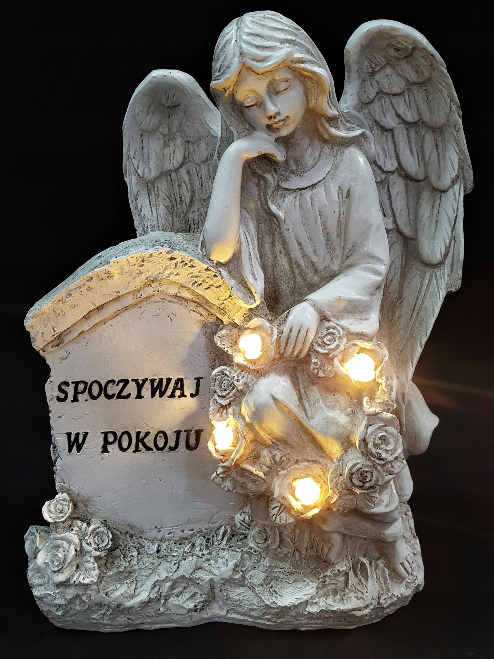 ZNICZ ANIOŁ STRÓŻ z napisem SPOCZYWAJ W POKOJU na grób SYNA 21,5 CM Typ LED