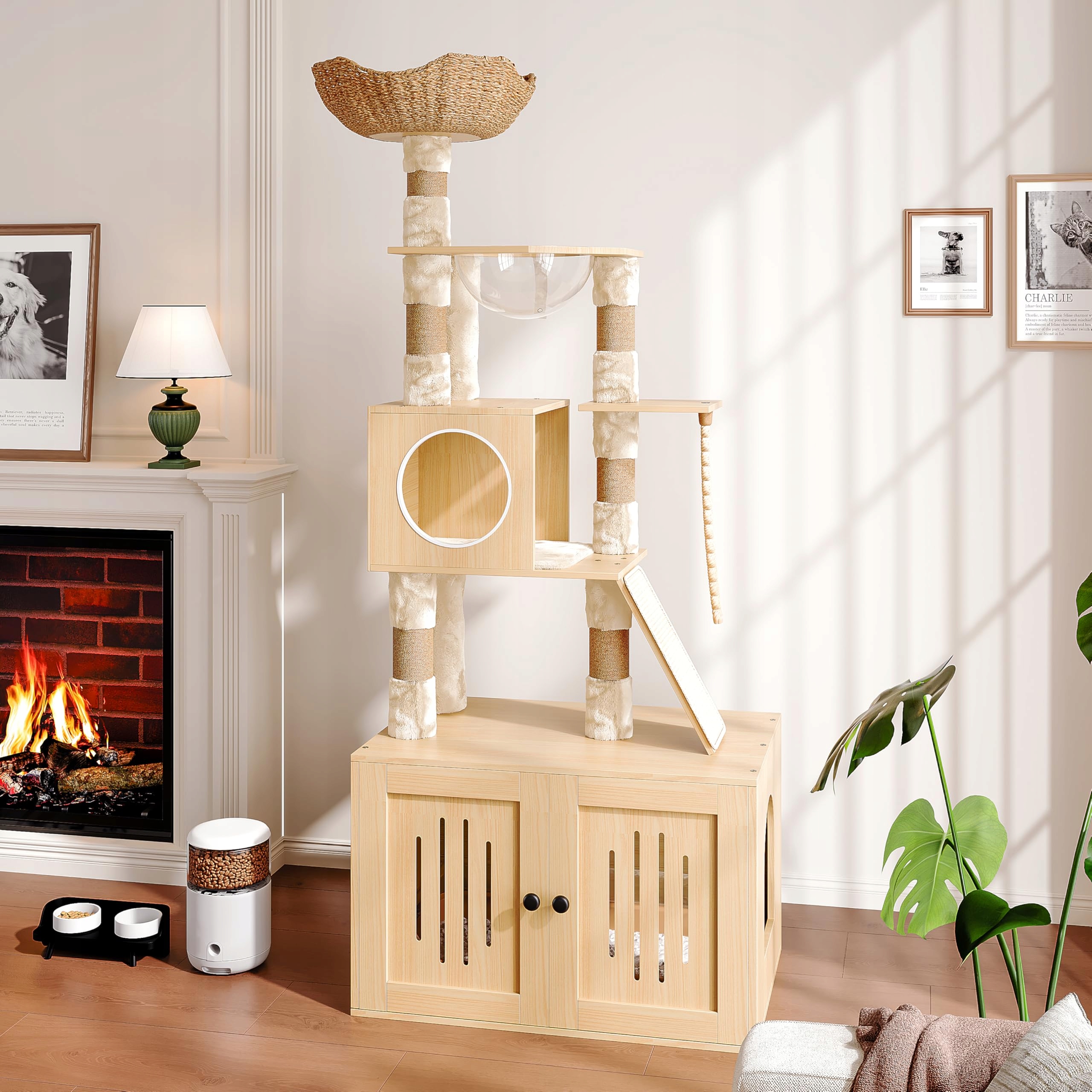 Dřevěná Škrabadla pro Kočky s Domkem 170 cm, Skříňkou a Sisalovým Lanem