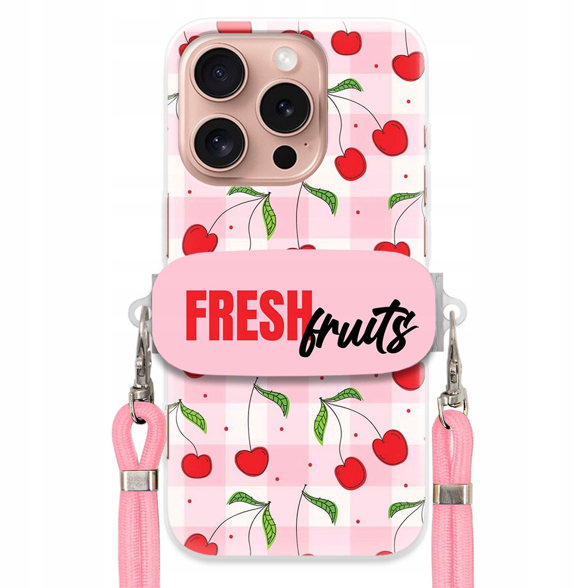 Puzdro pre iPHONE 16 Pro držiak na šnúrku Ružový Fresh Fruits Mriežka