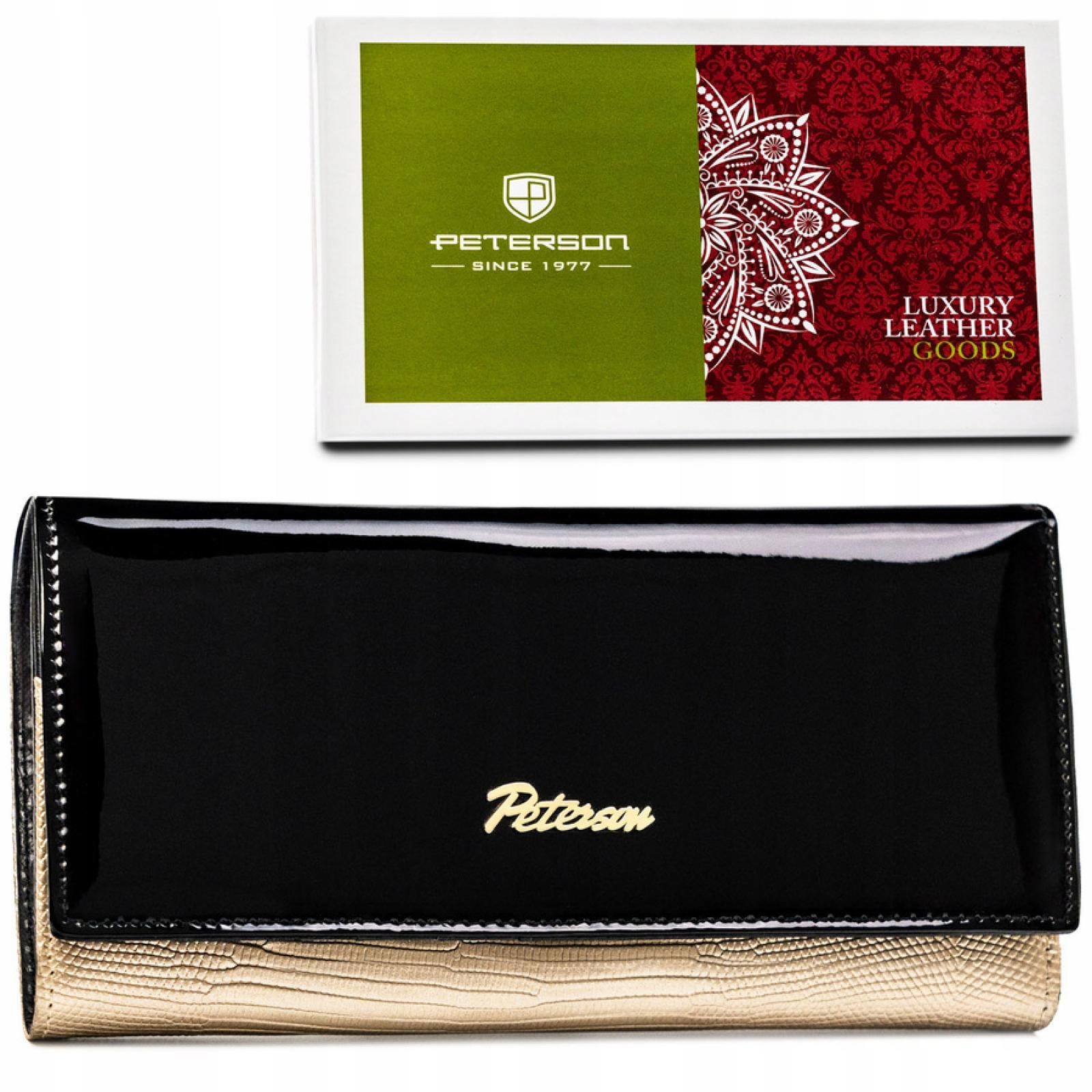Peterson Portfel skórzany damski duży pojemny czarny złoty