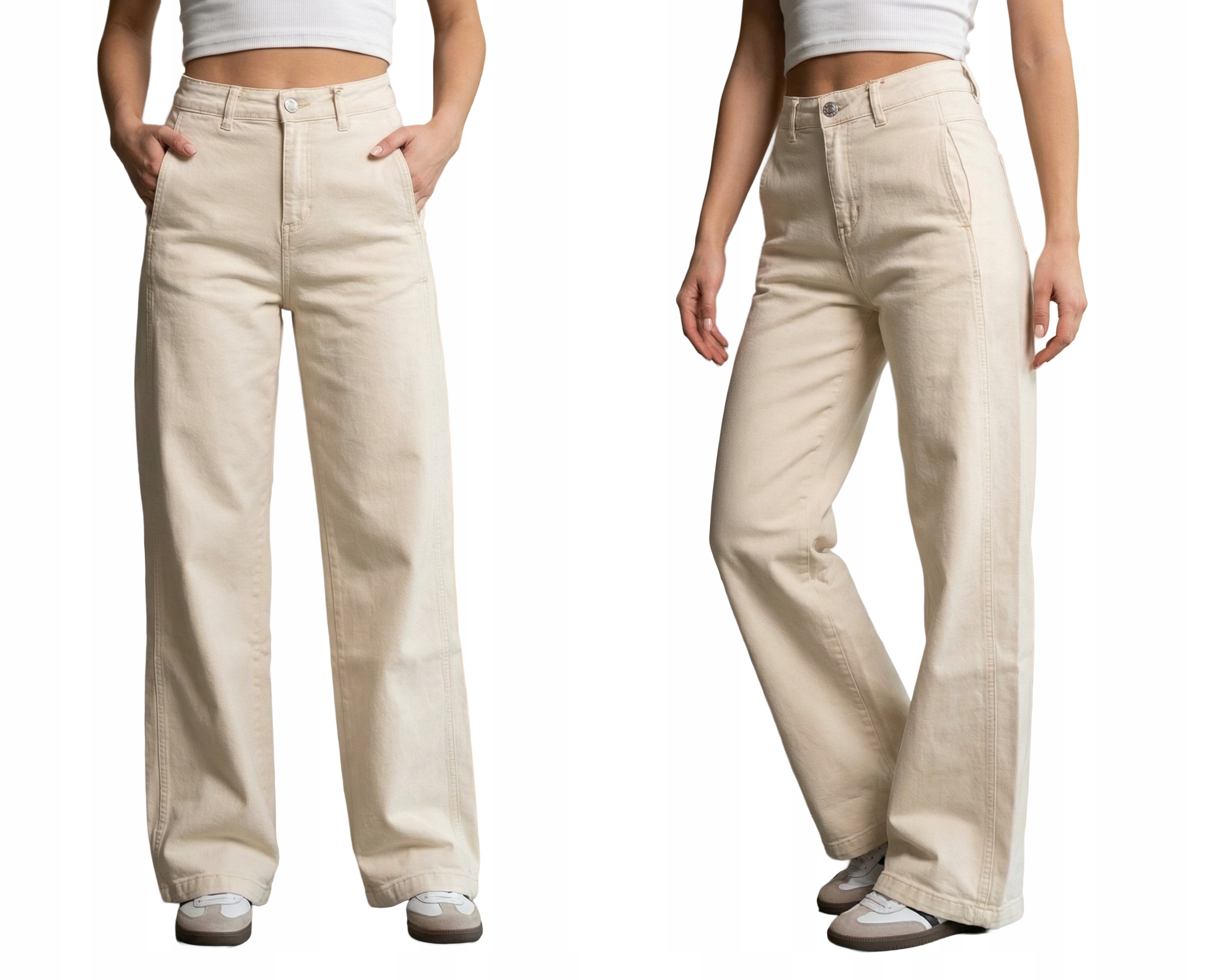 Spodnie Jeansy Damskie Wide Leg Szerokie Dzwony Elastyczne Beżowe M