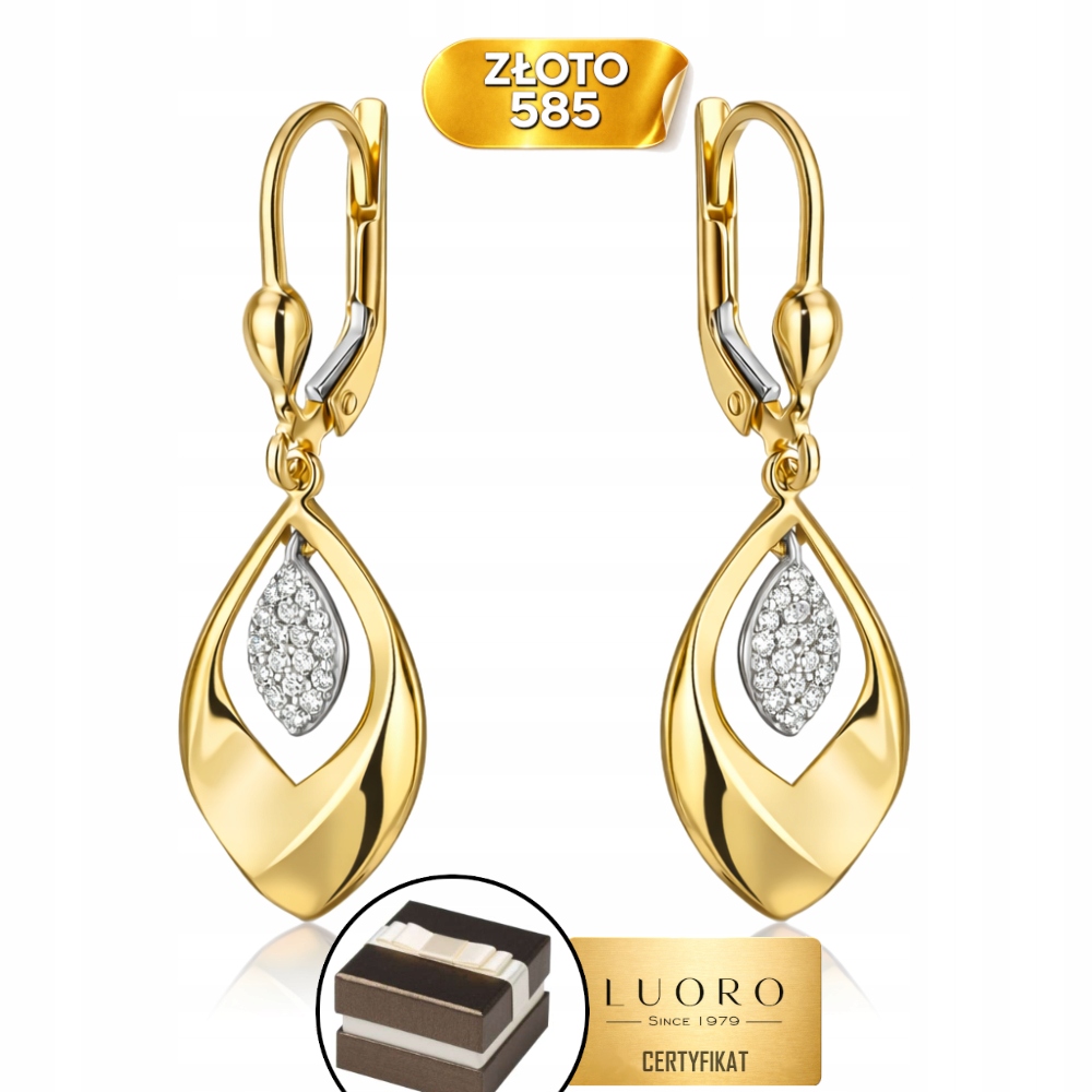 Náušnice Zlaté 585 14K Závěsné Lístky Se Zirkony, Délka 3,5 CM