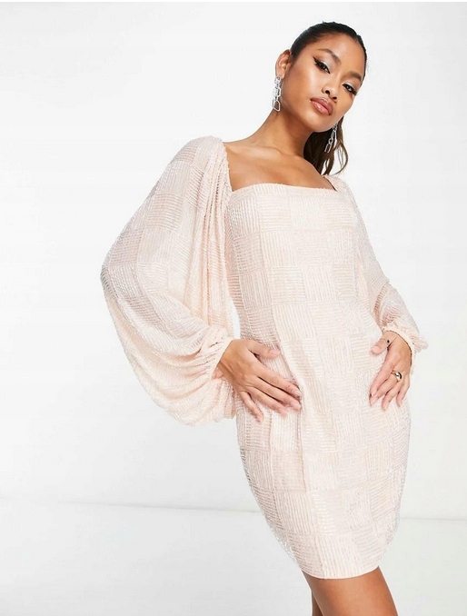 Zdobené Koktejlové Šaty S Bufetovými Rukávy, Korálky, Design 36 S