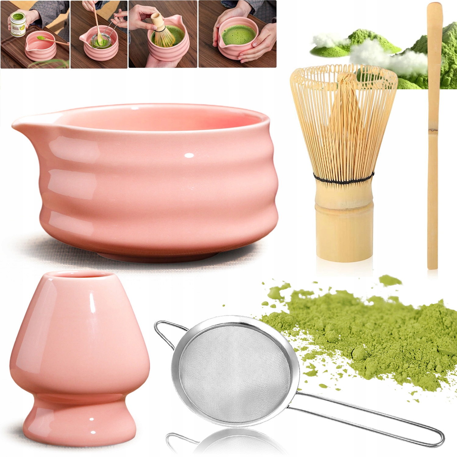 Levně Matchy Japonská Dárková Sada Na Čaj Matcha Šálek Metla Růžová