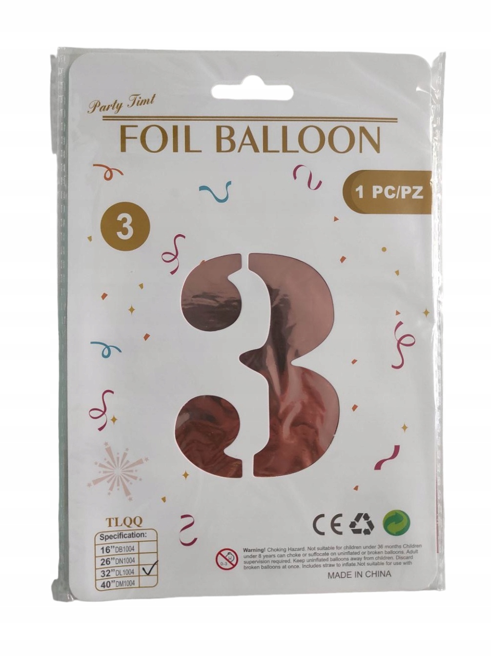 BALON FOLIOWY CYFRA 3 RÓŻOWY URODZINY 80cm Wypełnienie powietrze lub hel