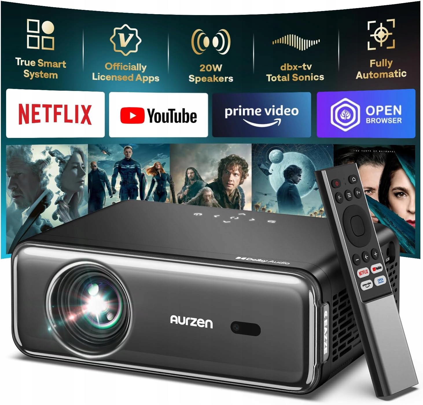 Projektor Aurzen Eazze D1 Pro 4K Android Tv Smart WiFi Reproduktor Hdr 200"