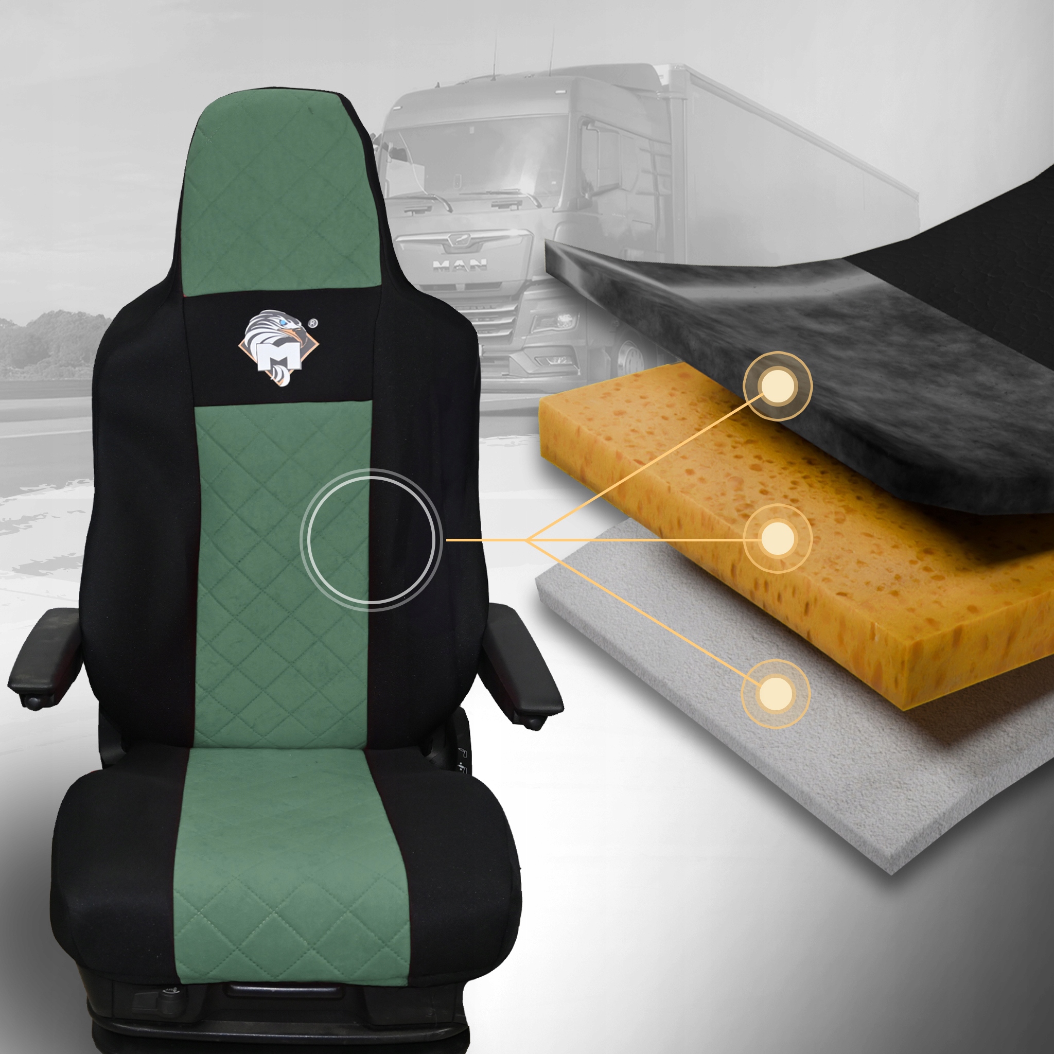 Pokrowce na fotele MAN TGX 2020 1 pas ZIELONY Kod producenta P-BŁYSK-155-ORZEŁ-KPL-ZIELONY