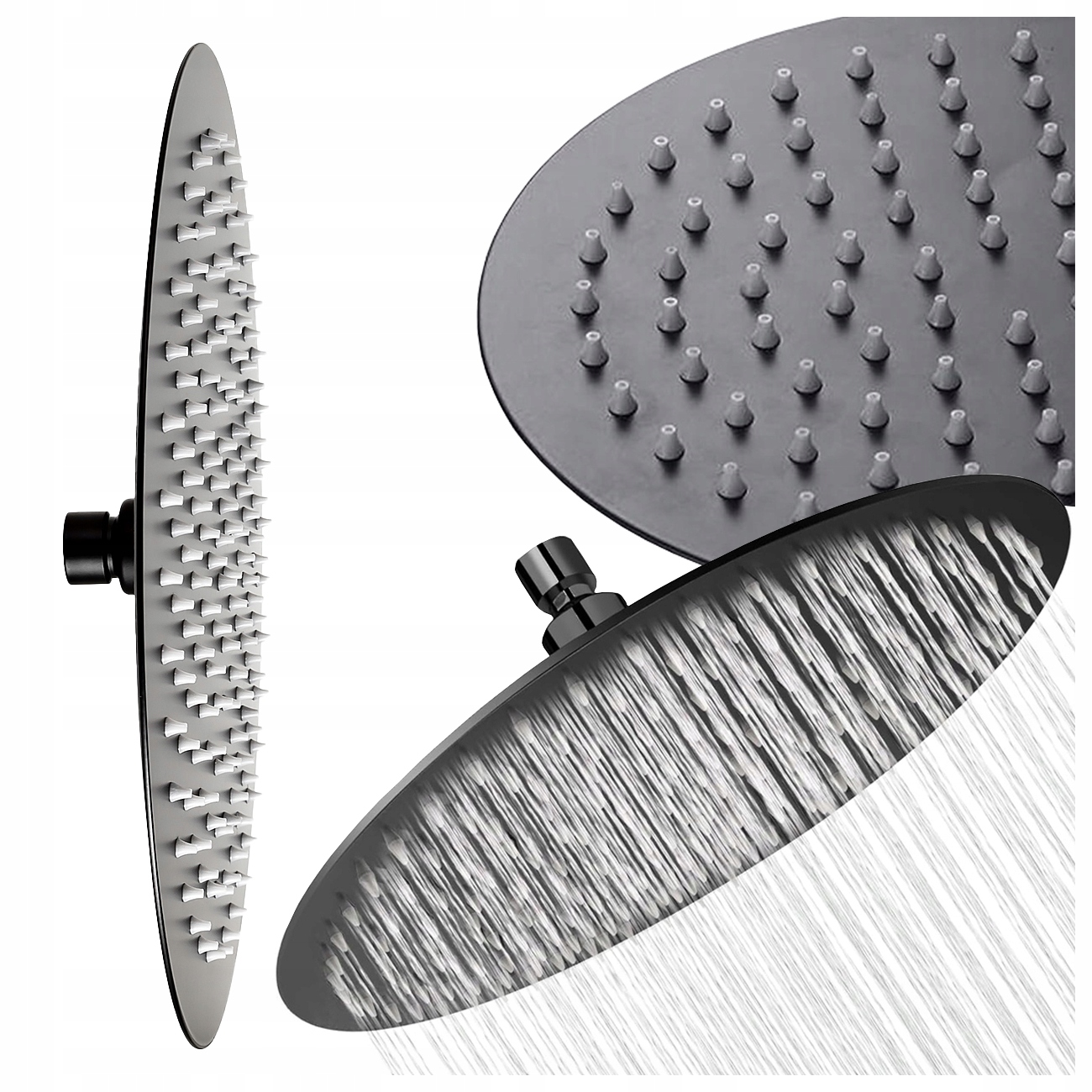Sprchová Hlavice Ocelová, Tenká, Kulatá, Slim Sprchová, Černá, 30 CM