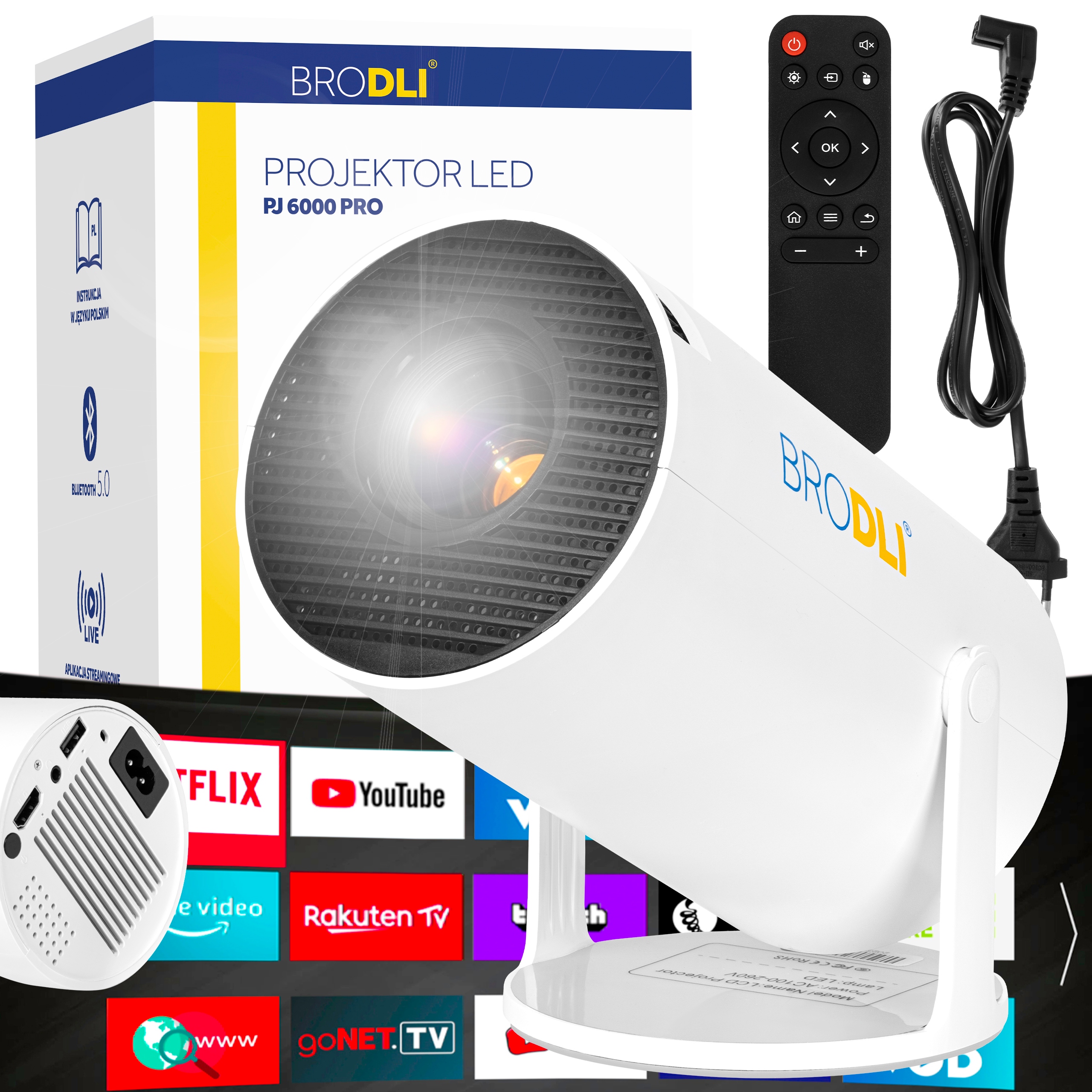 Projektor LED przenośny rzutnik multimedialny Android TV Wi-Fi Bluetooth