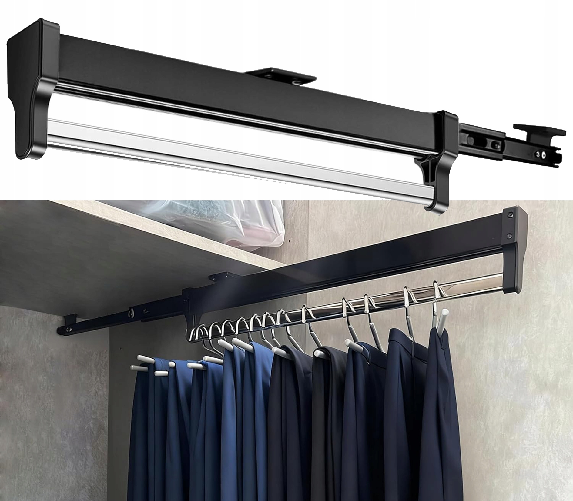 Wieszak Wysuwany Teleskopowy 30CM Do Szafy Czarny Drążek Metal Do Ubrań