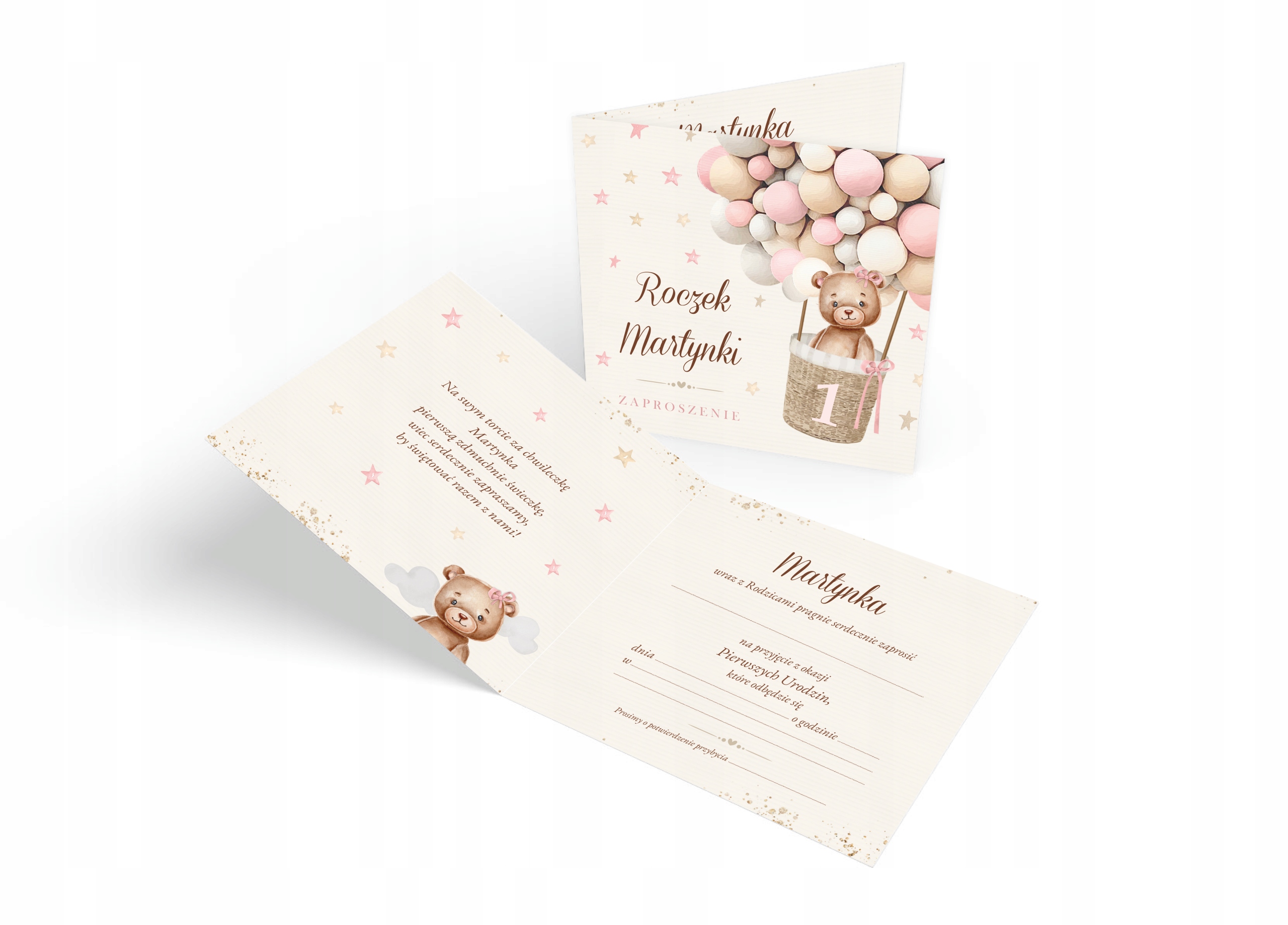 ZAPROSZENIA NA ROCZEK + IMIĘ + KOPERTA MIŚ BOHO Wysokość produktu 14 cm