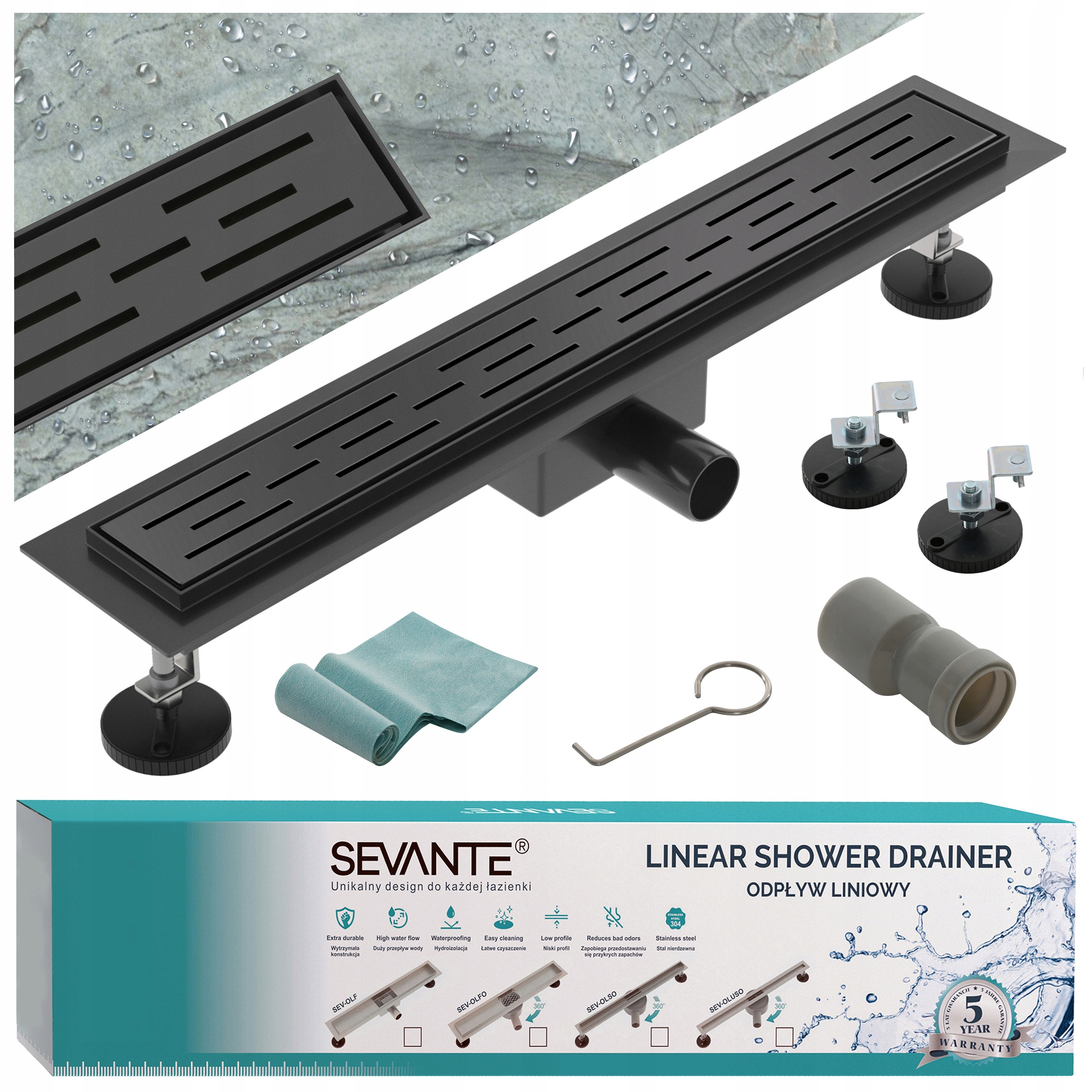 Lineární odtok s maskovacím krytem 120 cm Flat černý ocel 304 s velkou průchodností