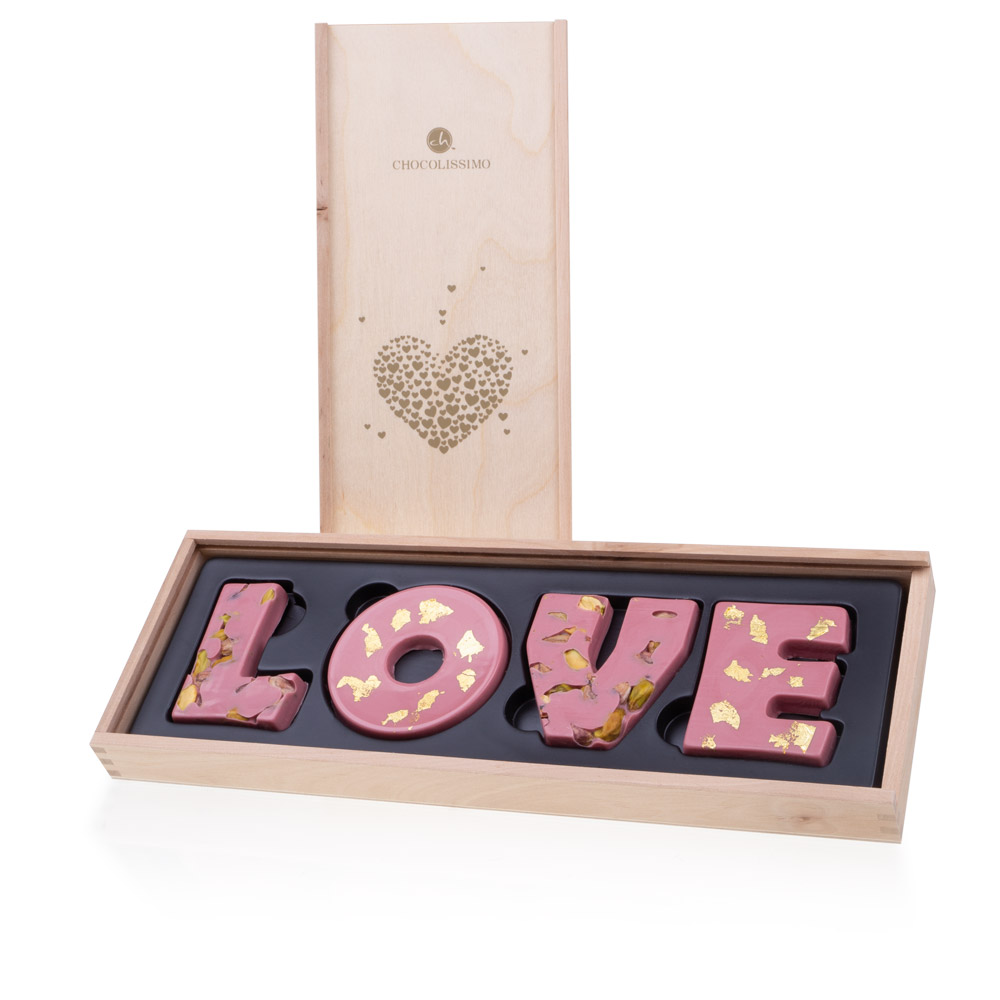 Levně Čokoláda Belgická Ruby Dárek ke Dni žen nápis Love pistácie zlato