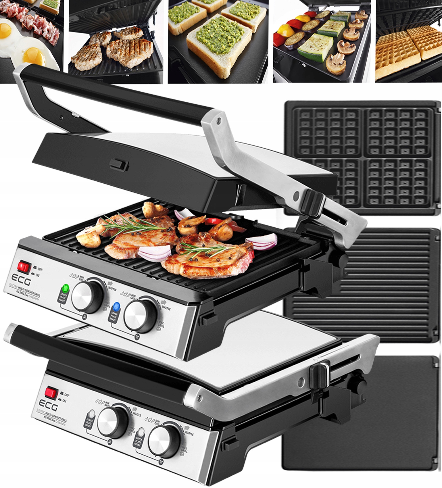 Elektrický Gril Ecg Vafle Sendvičovač Panini Bbq 3v1 2000W Pevný