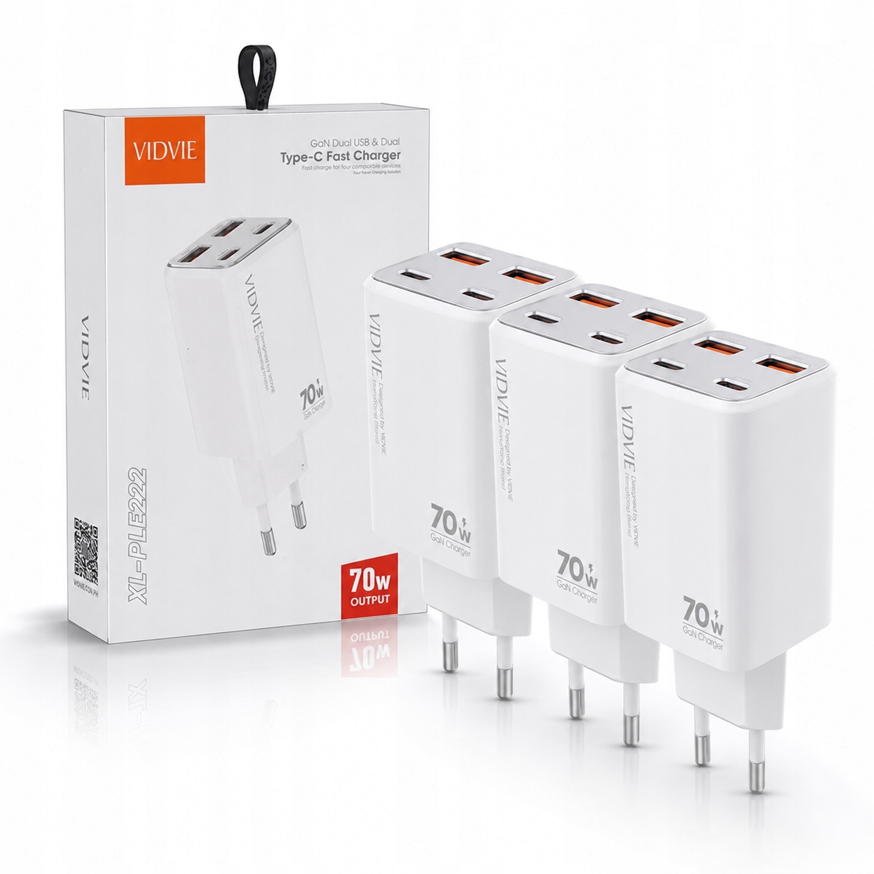 3-PAK Rychlá síťová nabíječka 2x Usb-c 2x Usb 70W GaN Bílá Vidvie 4v1