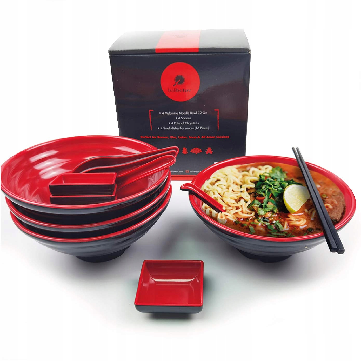 Sada misiek Ramen 950 ml 4 osoby s tyčinkami a lyžičkami Melamín