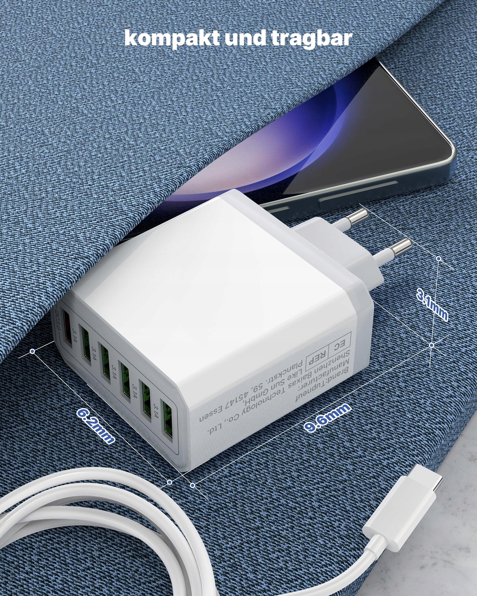 Tupneuf Ładowarka USB 6-Portów 33W QC 3.0 Szybkie Ładowanie iPhone iPad — miniatura 7