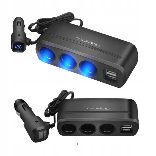 ROZGAŁĘŹNIK ZAPALNICZKI TRÓJNIK WOLTOMIERZ 2x USB