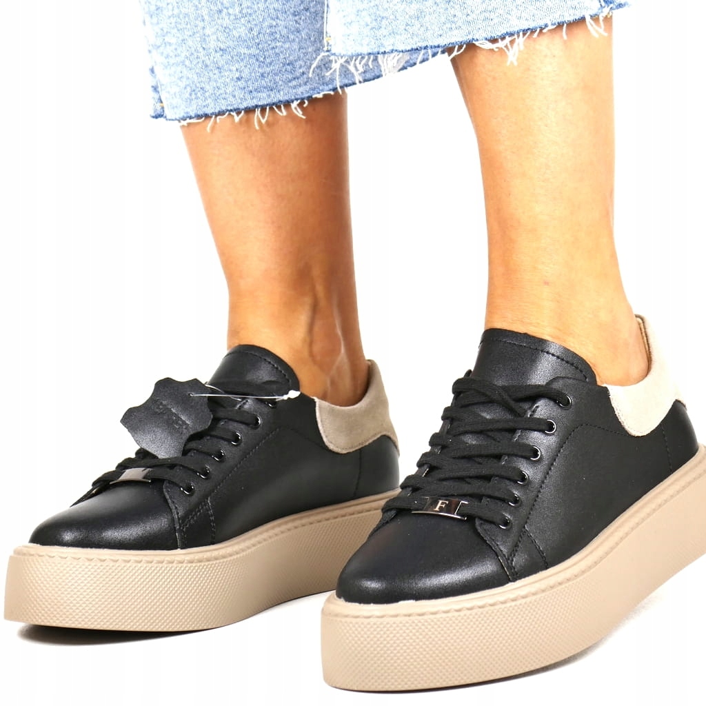 Černé Kožené Tenisky, Dámské Boty Na Silné Béžové Podrážce