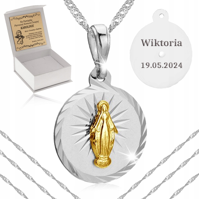 SREBRNY NASZYJNIK PR. 925 MATKA BOSKA CUDOWANA ŁAŃCUSZEK MEDALIK + GRAWER
