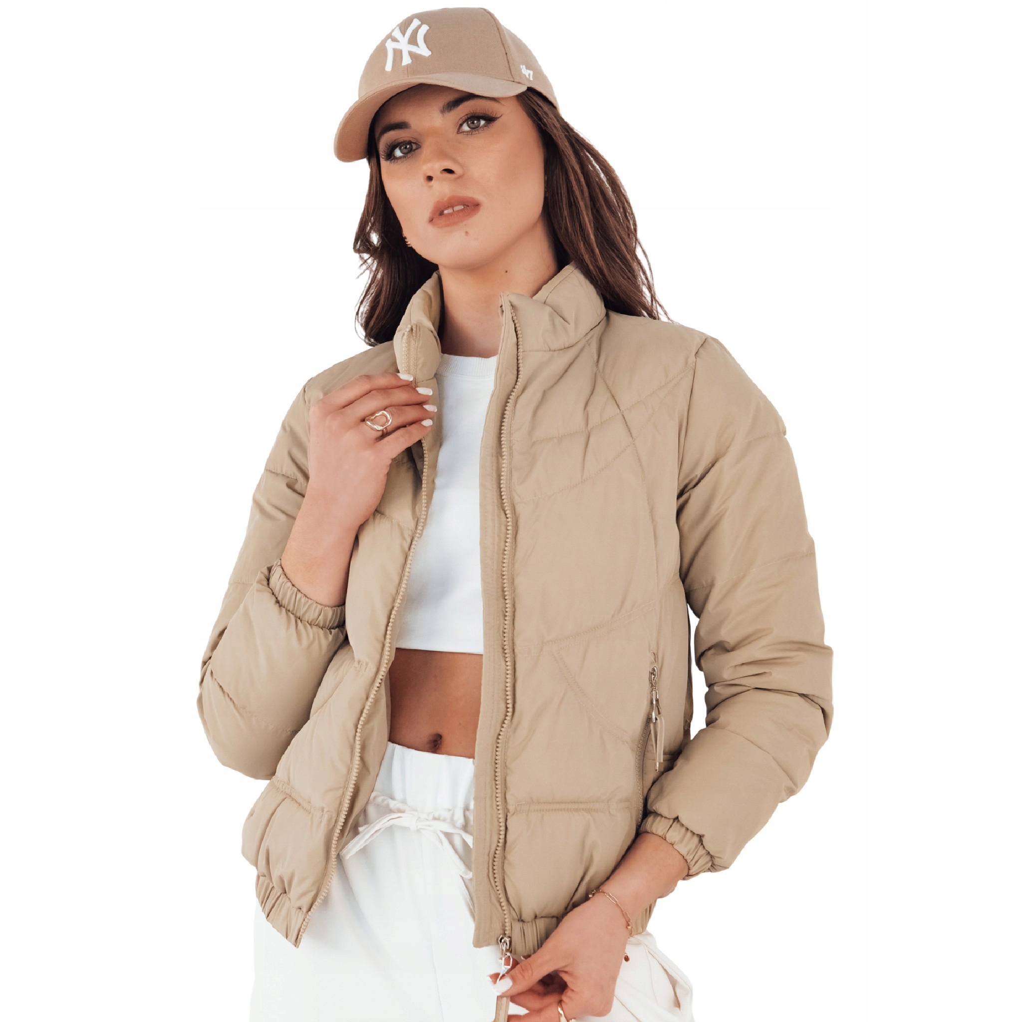 Kurtka damska pikowana przejściowa bez kaptura beżowa TY4251 XL