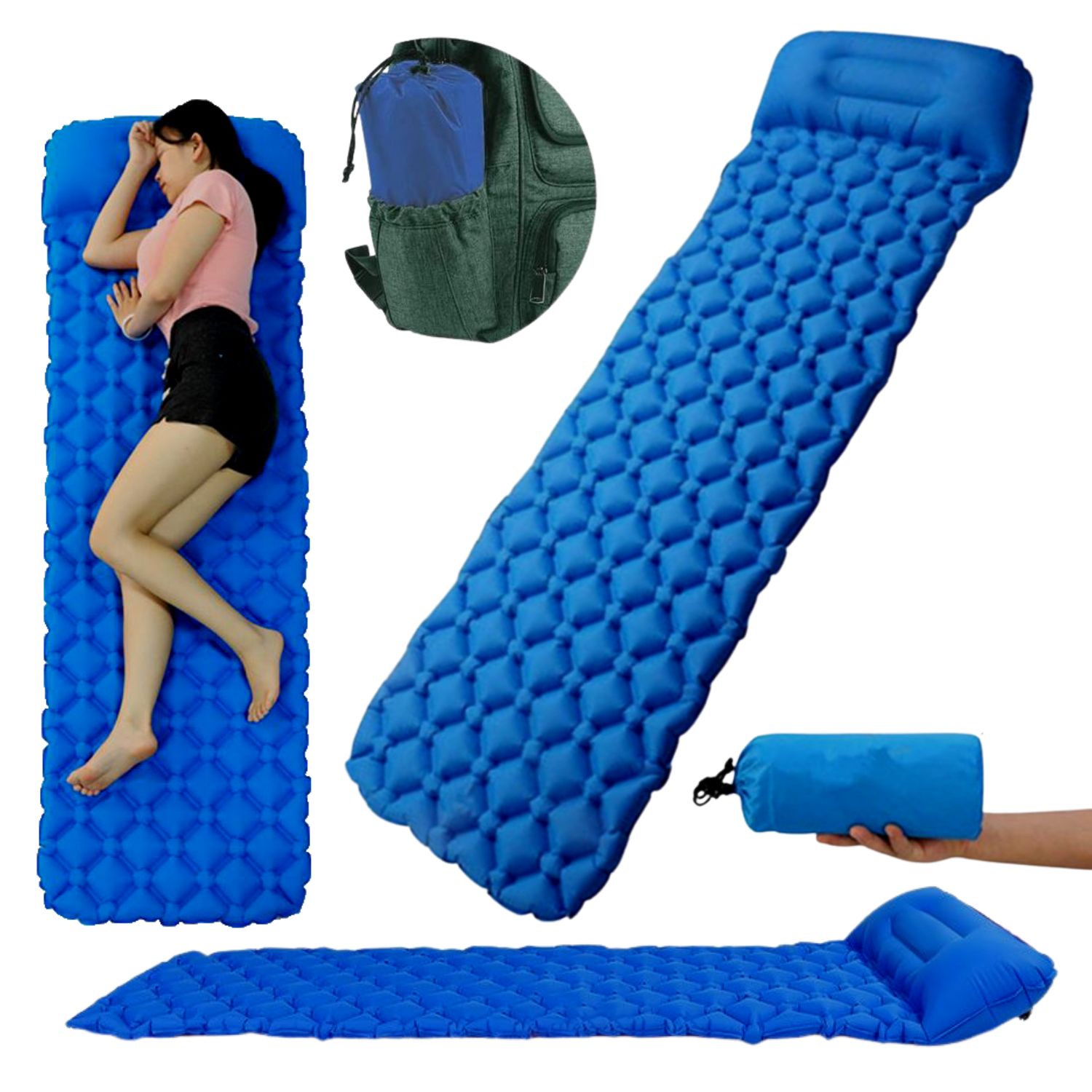 Materac turystyczny lekki dmuchany z poduszką mata trekingowa jednoosobowa