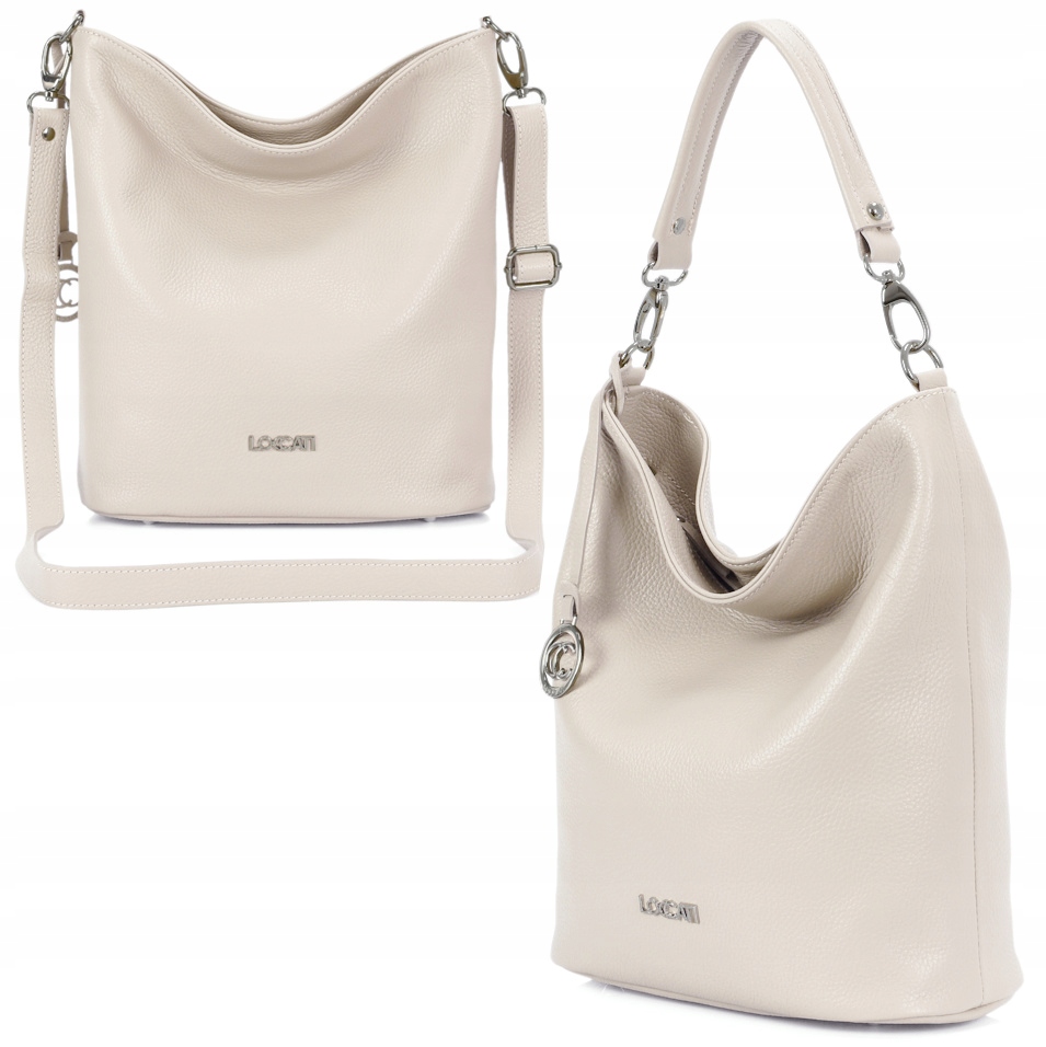 Jasnobeżowa skórzana torebka damska Loccati średniej wielkości worek 2w1