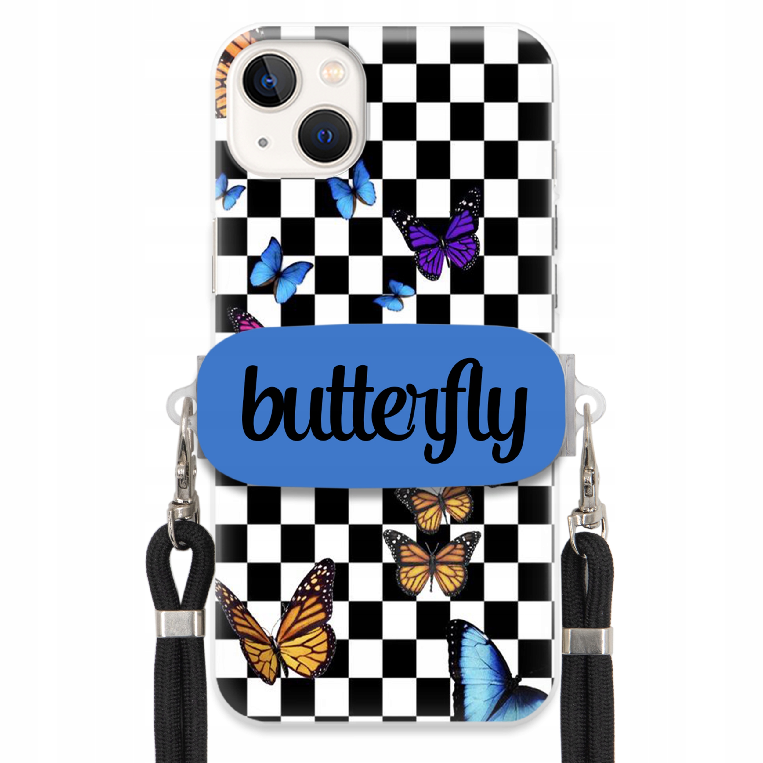 Puzdro Pre iPHONE 14 Plus Case Držiak Obdĺžnikový Čierny Smyč Butterfly Motýle