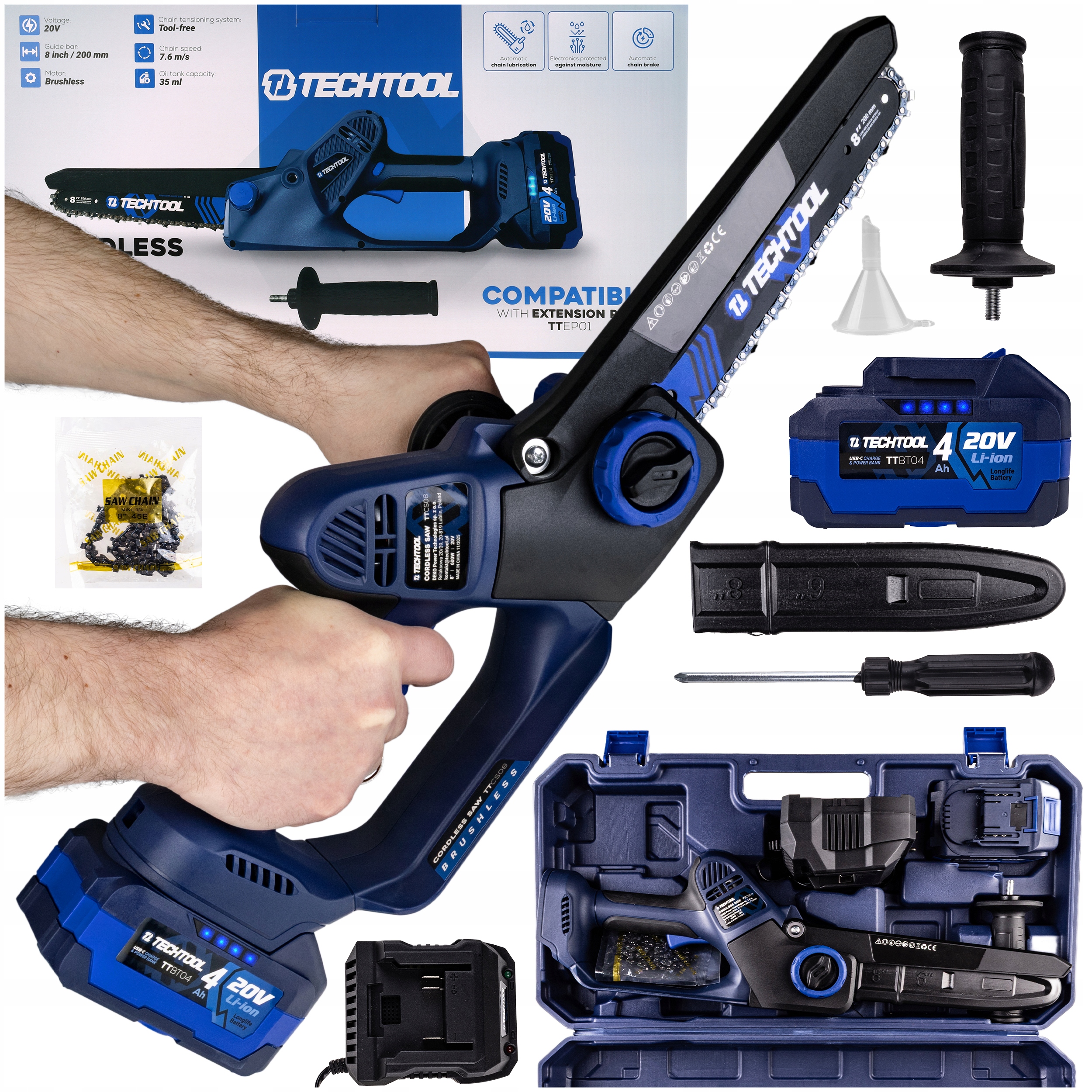 Aku Řetězová Pila Pila 8" Větvička Kufr 4AH Techtool