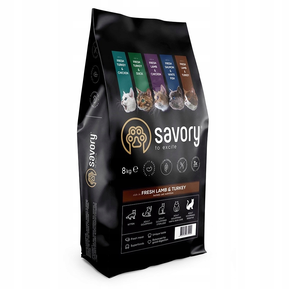Savory Premium suché krmivo pro dospělé pro kočky s jehněčím a krůtím masem, citlivým krůta , 8 kg