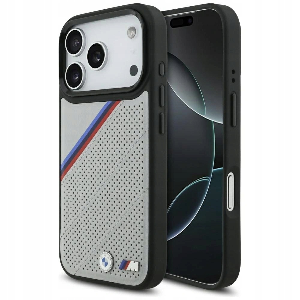 Pouzdro Bmw M Tricolor Metal Logo MagSafe pro iPhone 17 Pro, šedé pouzdro