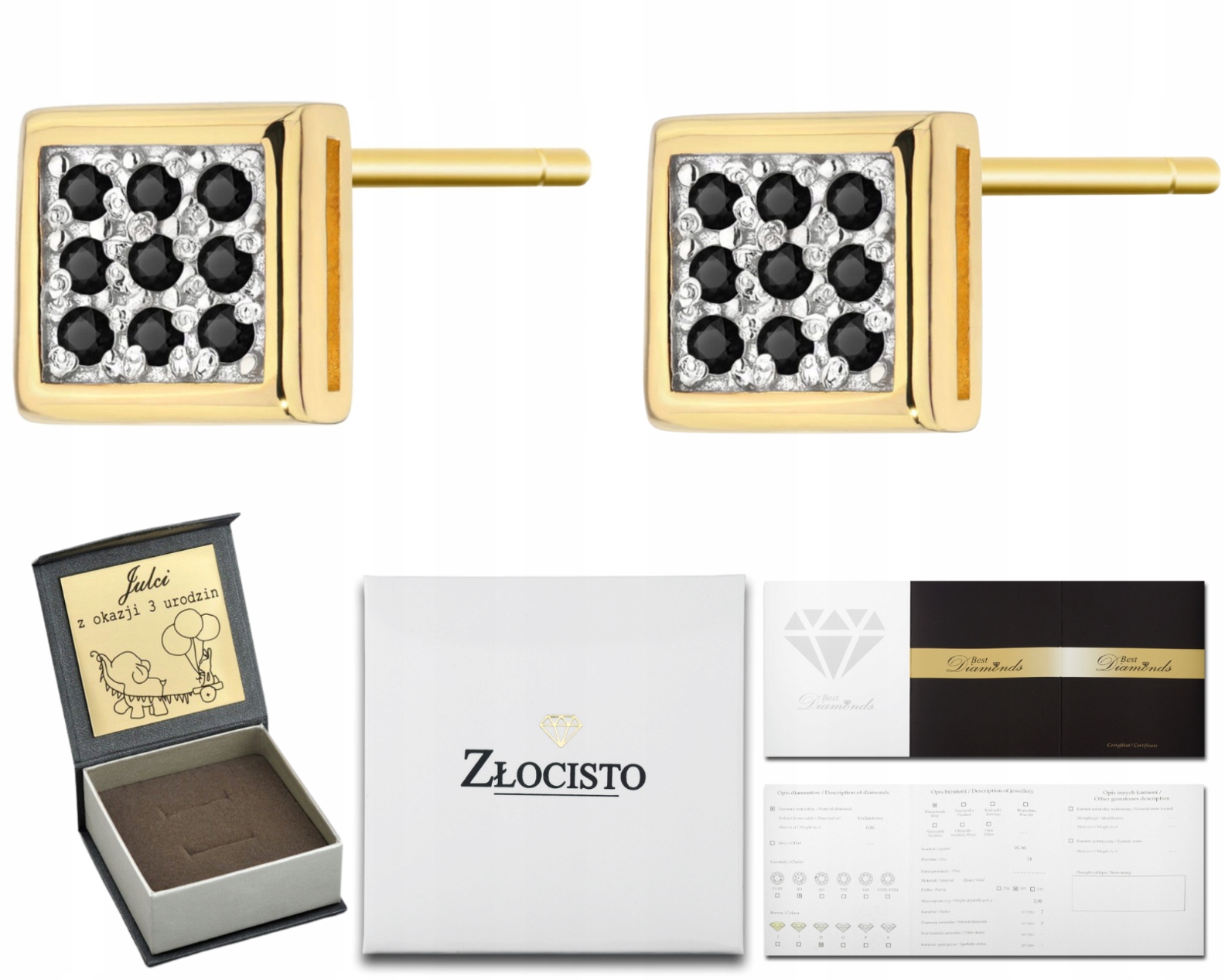Zlaté Náušnice S Černými Diamanty, Čtvercový Pízedek Čtverec Zlata 585 Jako Dárek