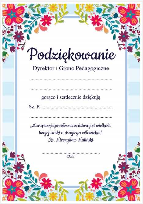 

Dyplom: Podziękowanie Dla Rodziców Szkoła (A4)