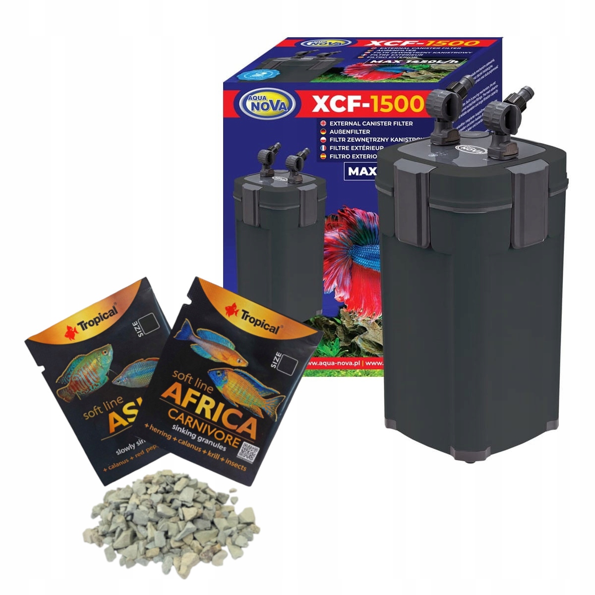 Aqua Nova XCF-1500 Filtr zewnętrzny kubełkowy do akwarium 300l gratisy