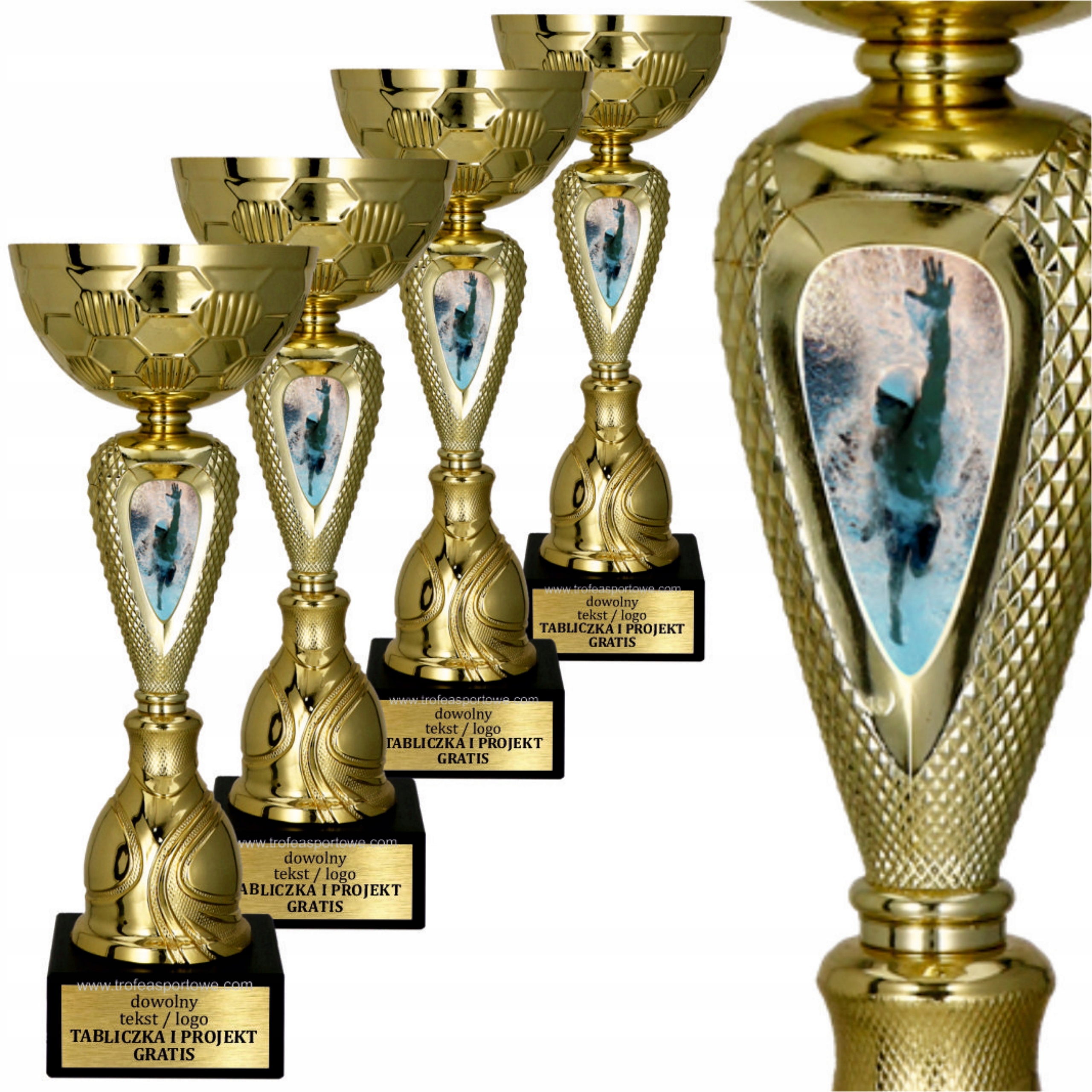 Wow! Sada zlatých pohárů Plavání 4 ks 34/31/29/25 cm Gravírování Bonus