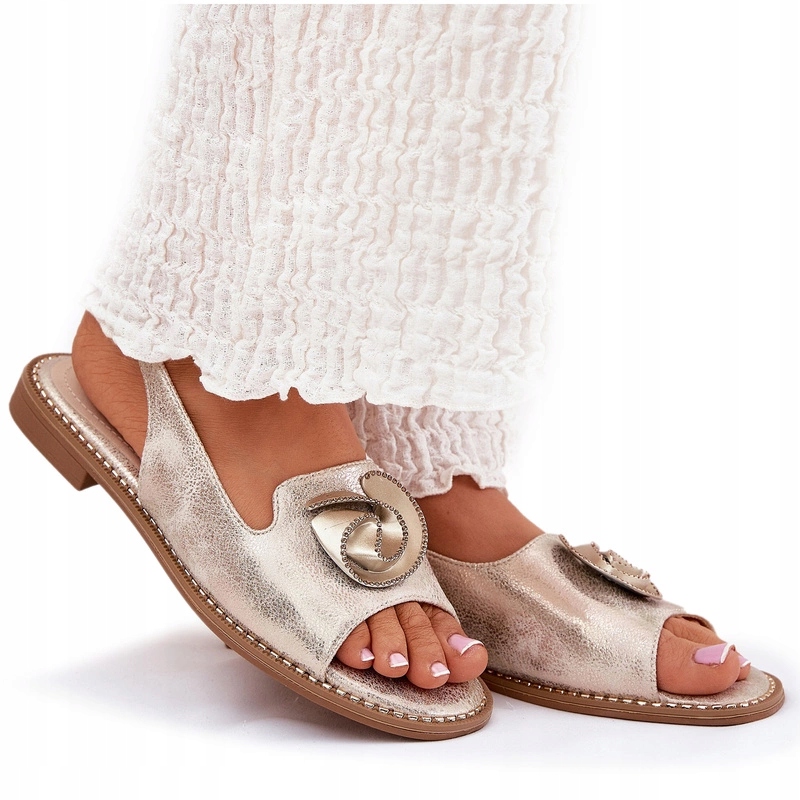 Dámské Sandály S Plochým Podpatkem, Lesklá Ozdoba S.barski KV51-006 Zlaté 38