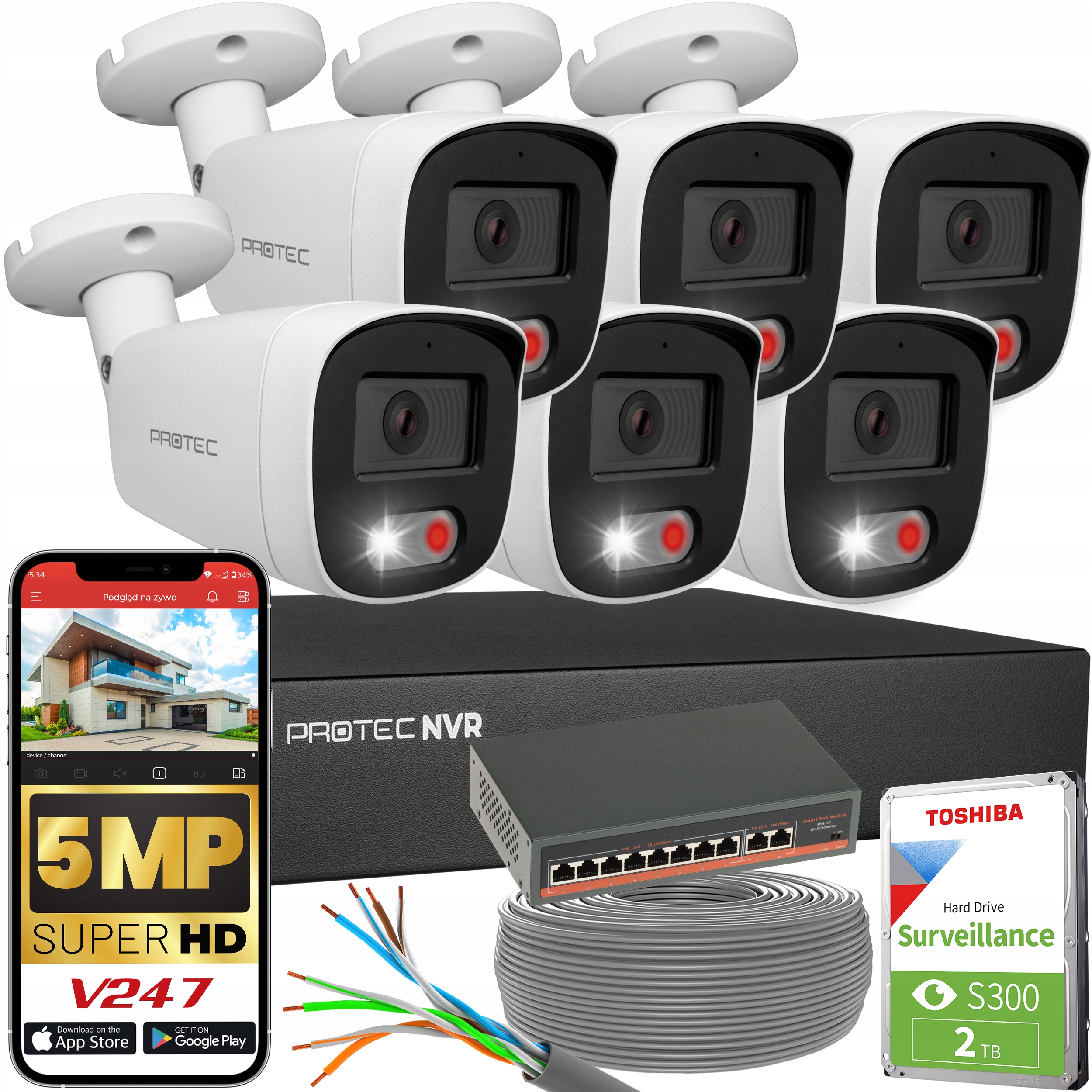 Zestaw do monitoringu 6 kamer Ip 5Mpx Switch PoE detekcja mikrofon Hdd 2TB