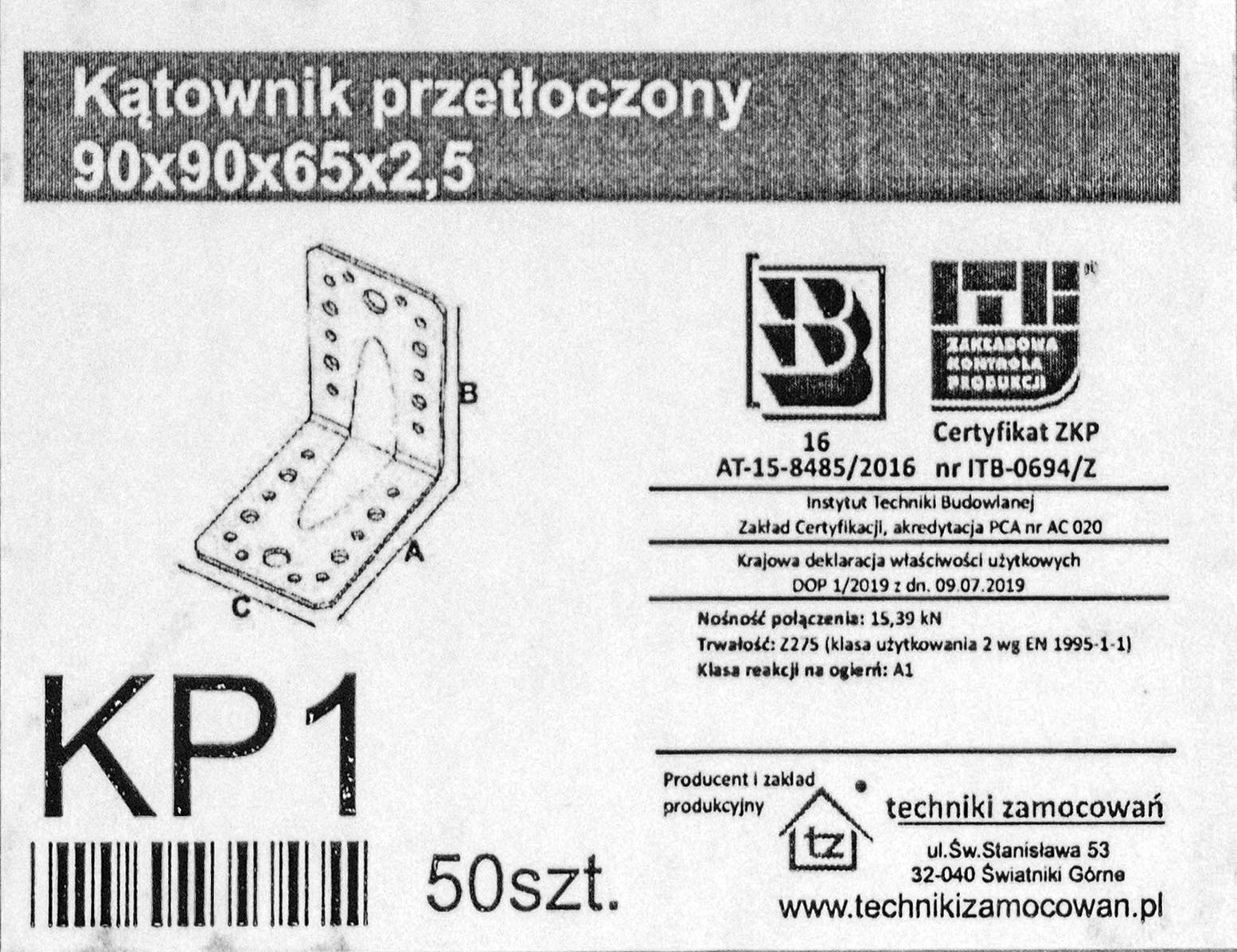 Łącznik Kątownik Ciesielski 90x90x65x2,5mm KP1 Długość 9 cm