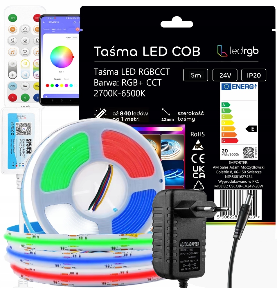 Set Led Pásek Cob Neon 5M Rgb Cct 840/m Dálkový Ovladač Aplikace Napájecí Zdroj Gn Wifi
