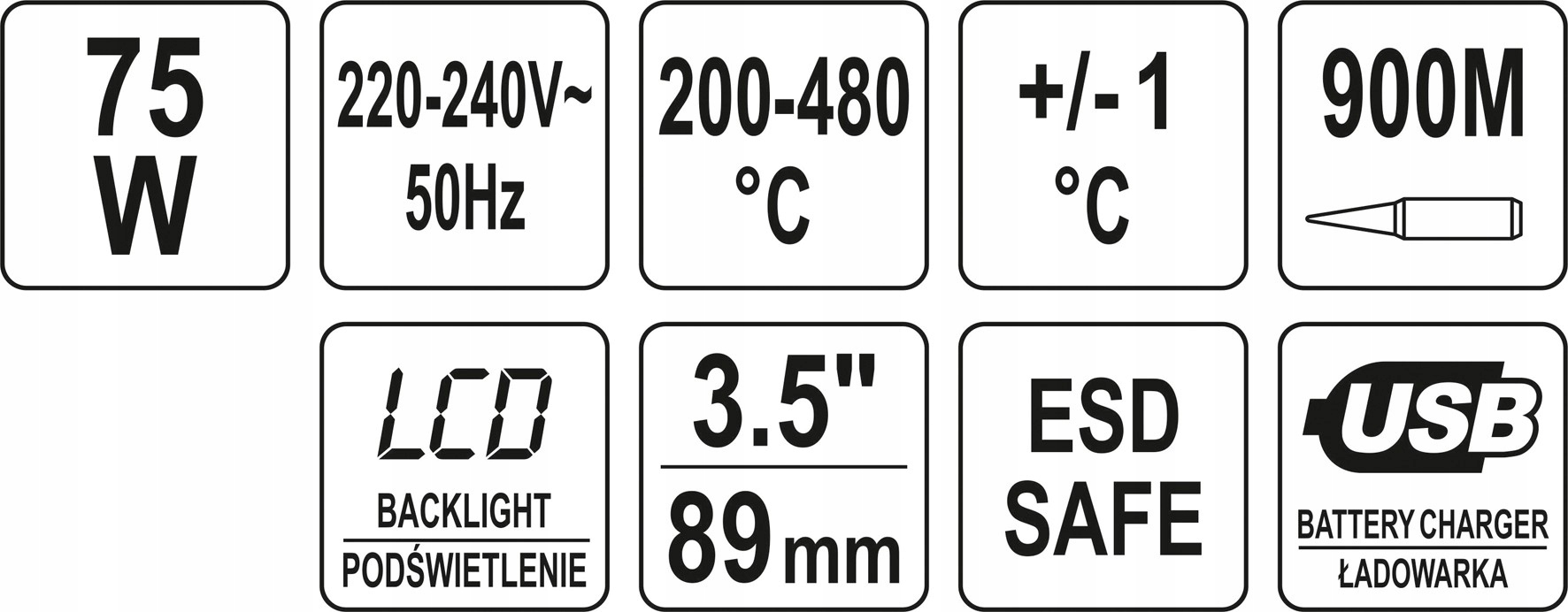 STACJA LUTOWNICZA 75W LCD 3,5″ GROTU 900M YT-82456 Waga produktu z opakowaniem jednostkowym 2.25 kg