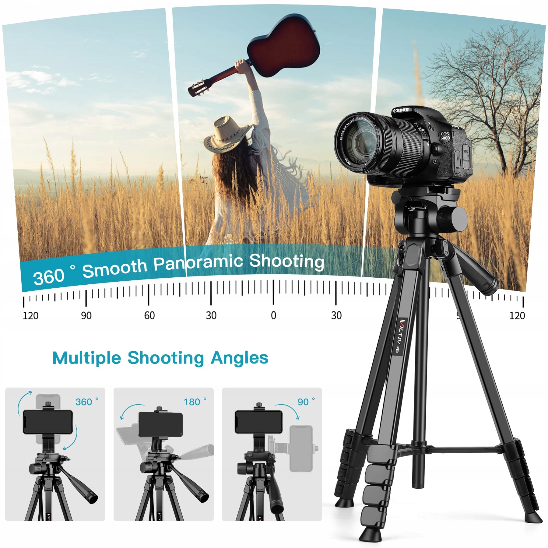VICTIV Statyw Kamera Telefon 172cm Aluminiowy Tripod DSLR iPhone Sony — miniatura 4