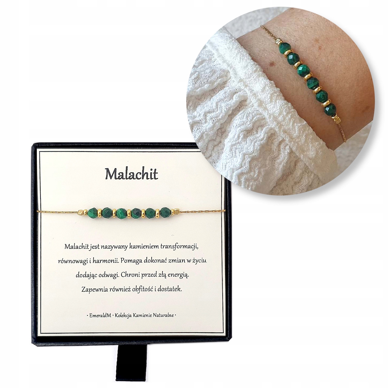 Bransoletka Pozłacana malachit kamień naturalny