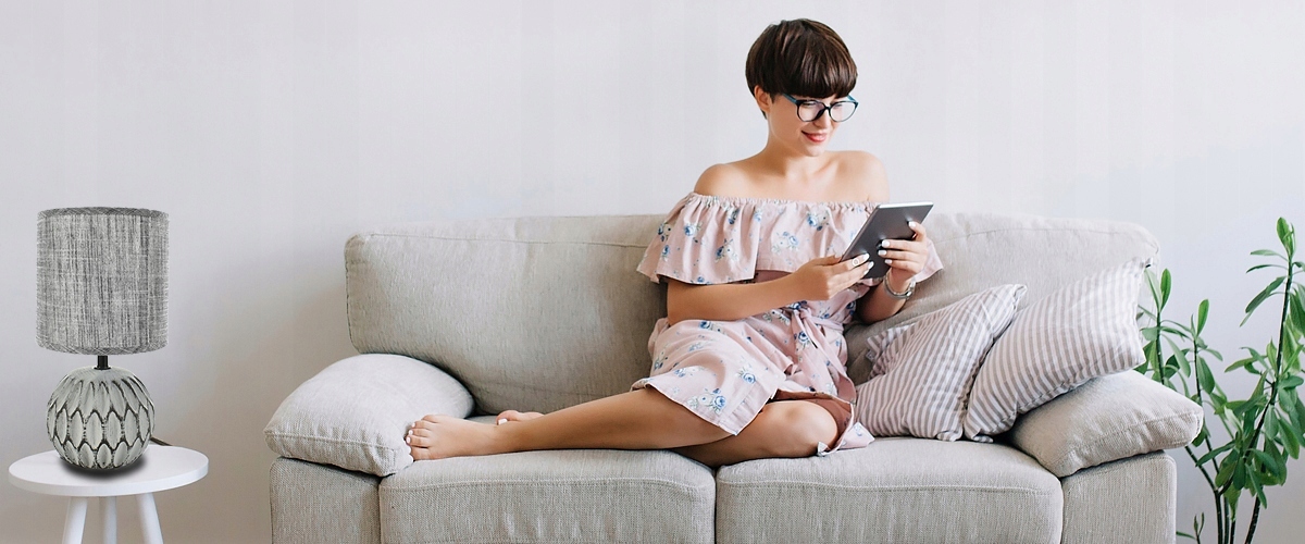 LAMPA STOŁOWA CERAMICZNA SZARA STYL BOHO 26CM Szerokość produktu 14 cm