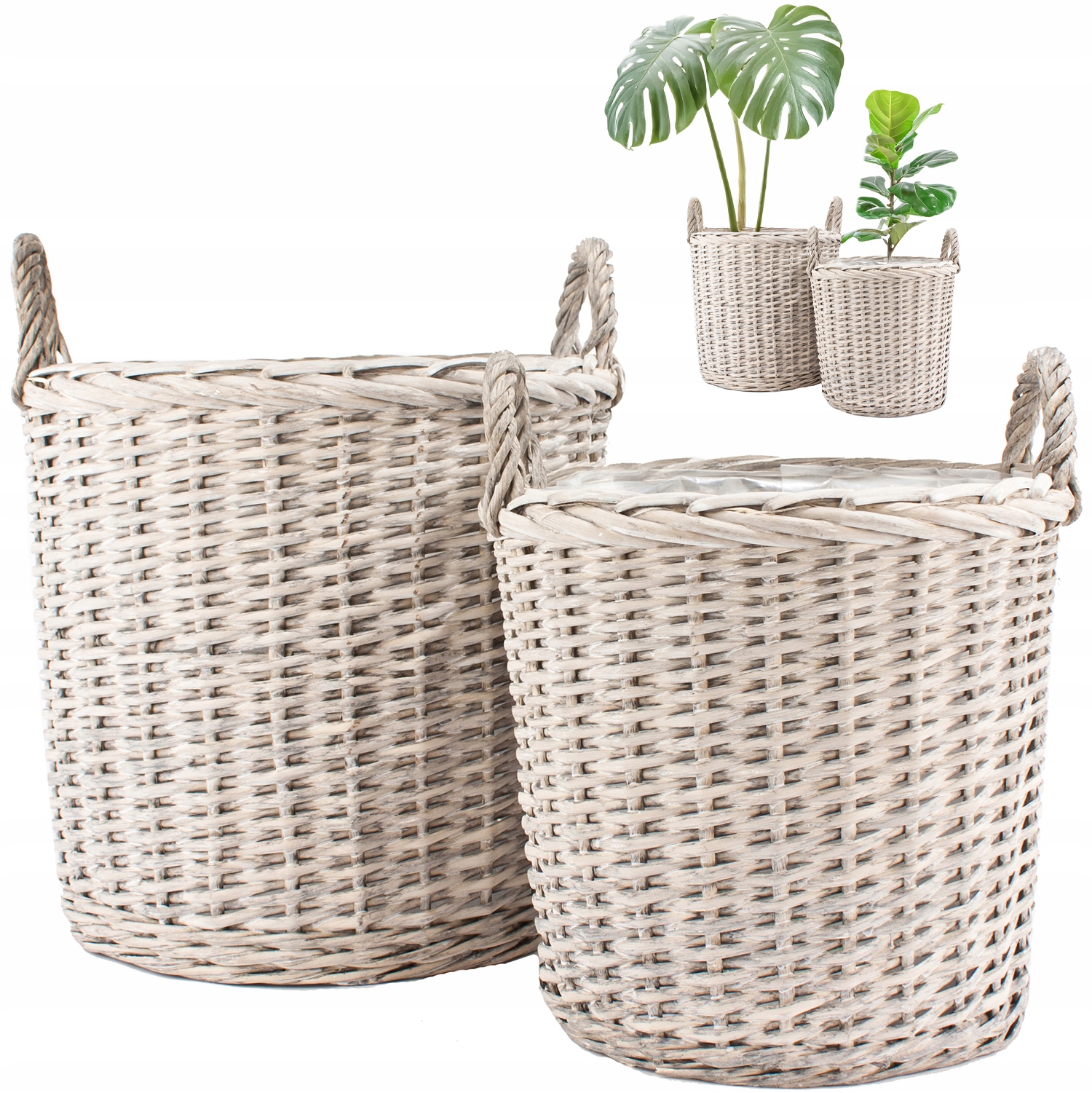 Doniczka Osłonka Kosz Wiklinowy Szary Duży 2 szt. do palmy monstery domu