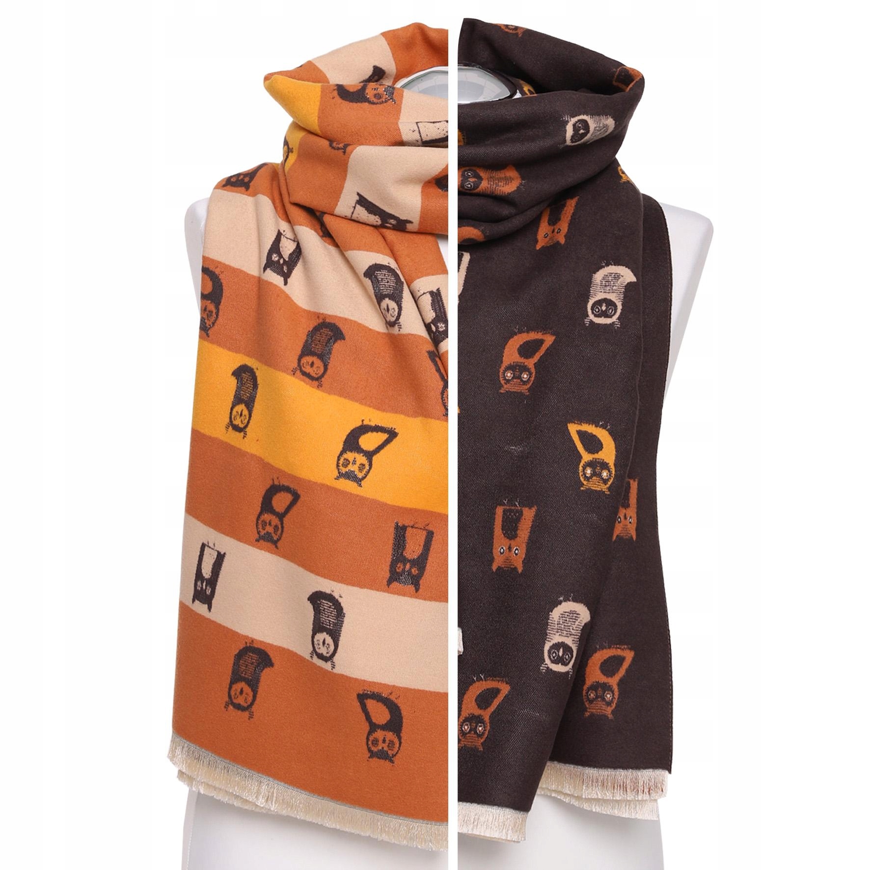 Dwustronny SZAL DAMSKI Z Modnymi Frędzlami Sowy MORAJ Szalik Na Jesień Zimę