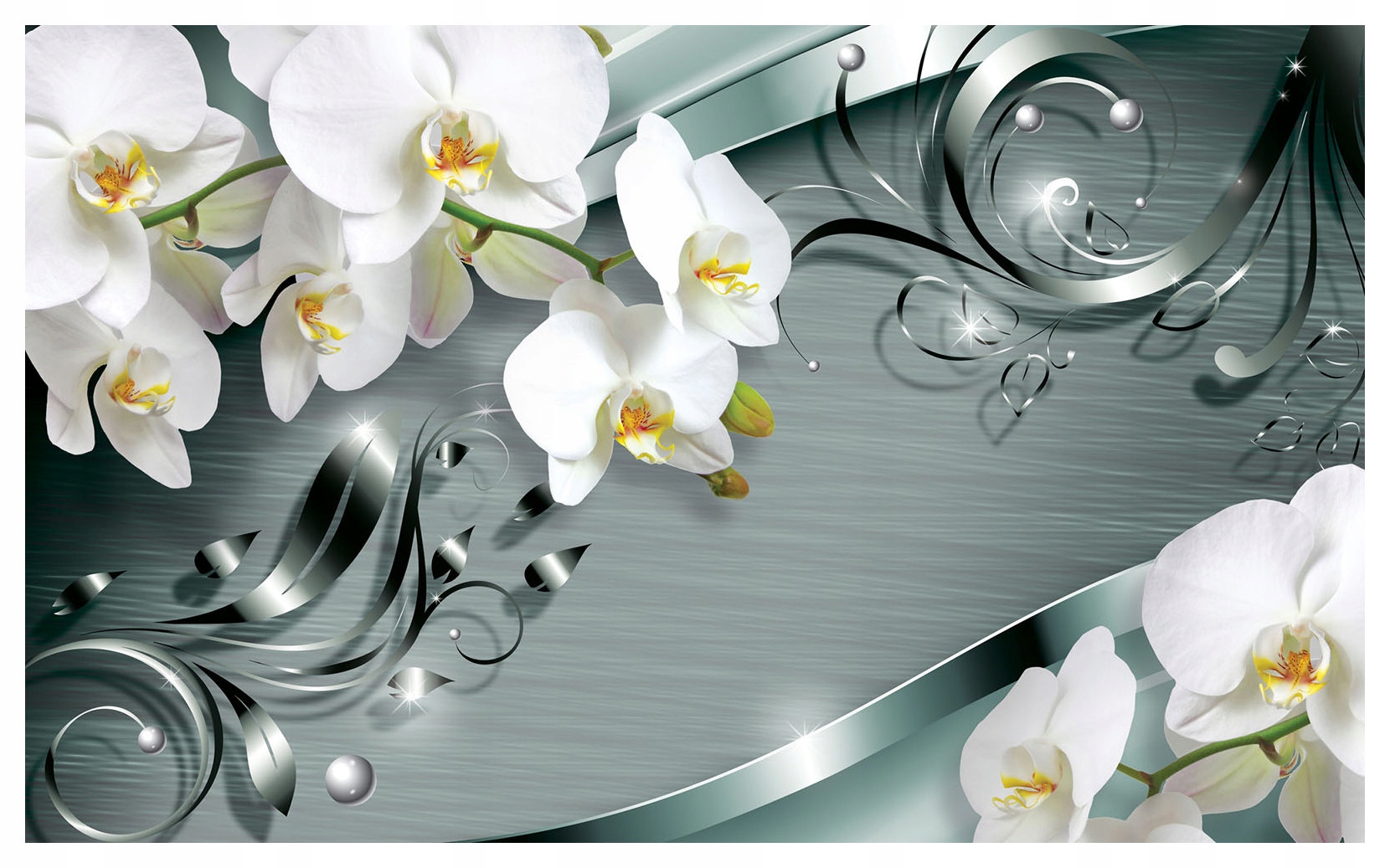 Fototapeta Bílé orchideje Stříbrno-tyrkysové akcenty vinylová 254x184 lepidlo