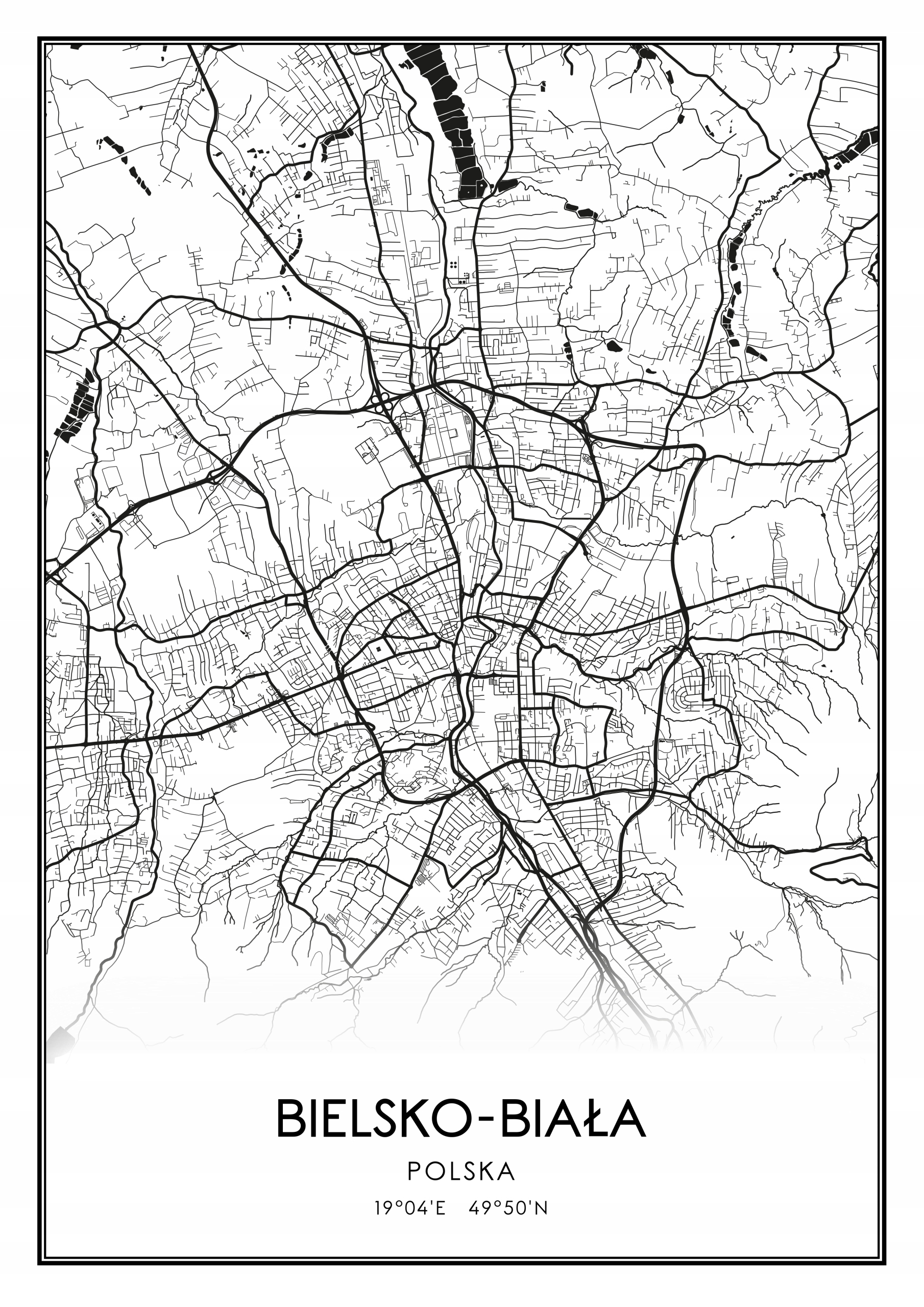 

Mapa czarno biała plakat Bielsko-Biała 100x70cm
