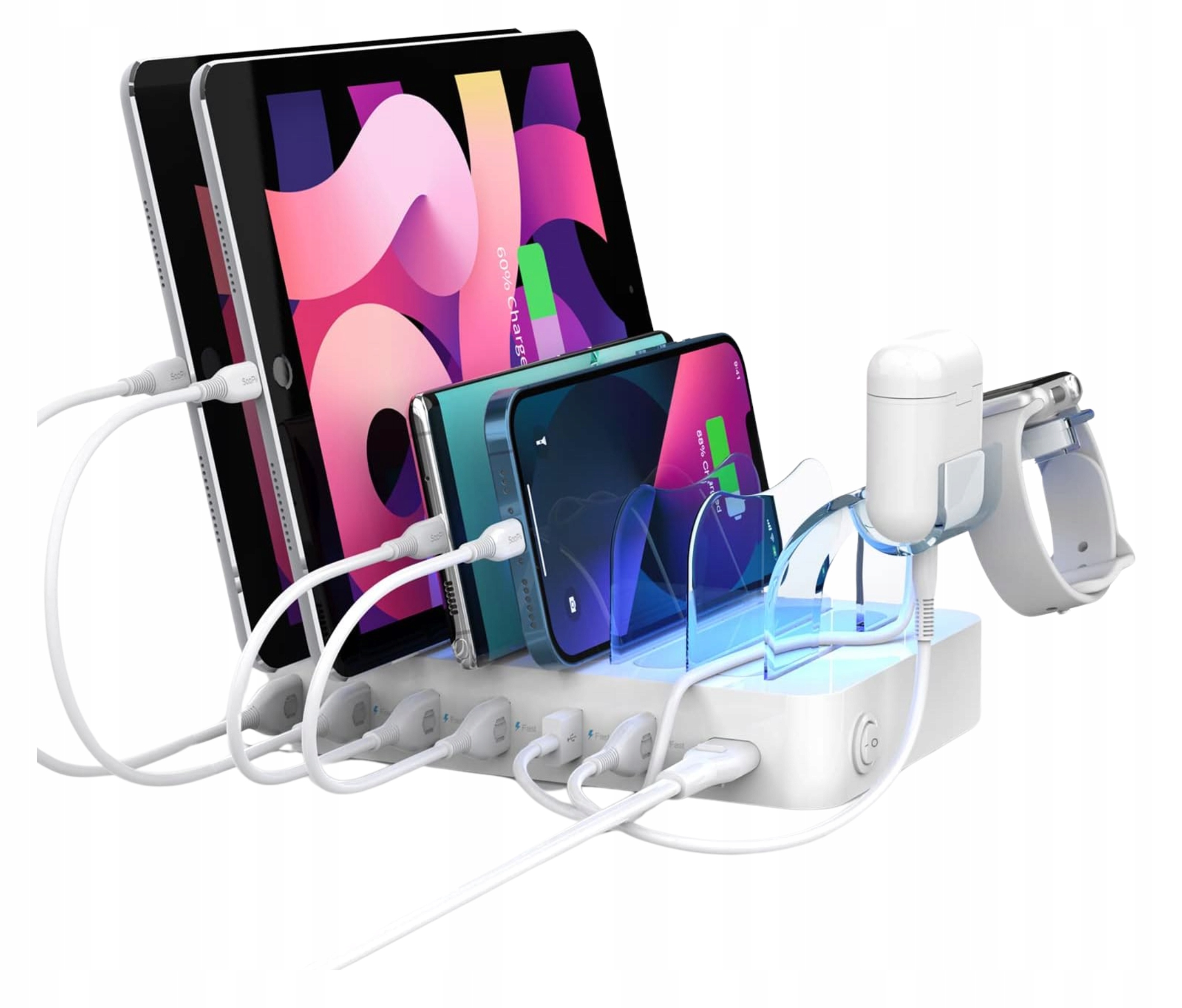Nabíjecí stanice SooPii s 6 Usb porty a držákem pro iWatch a AirPods