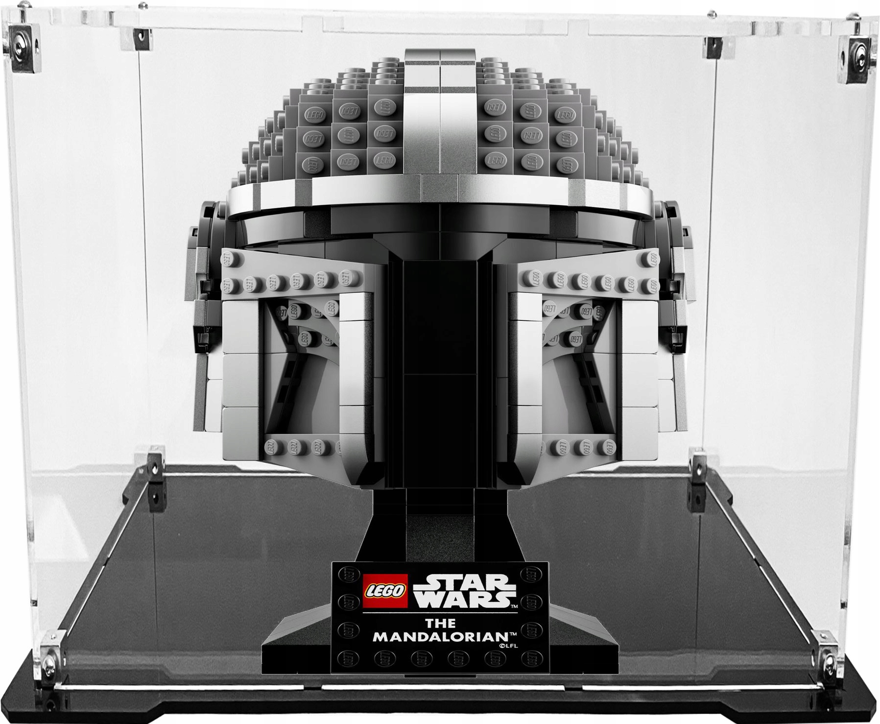 Vitrína s černou základnou pro stavebnici Lego 75328 Helma Mandalorianina