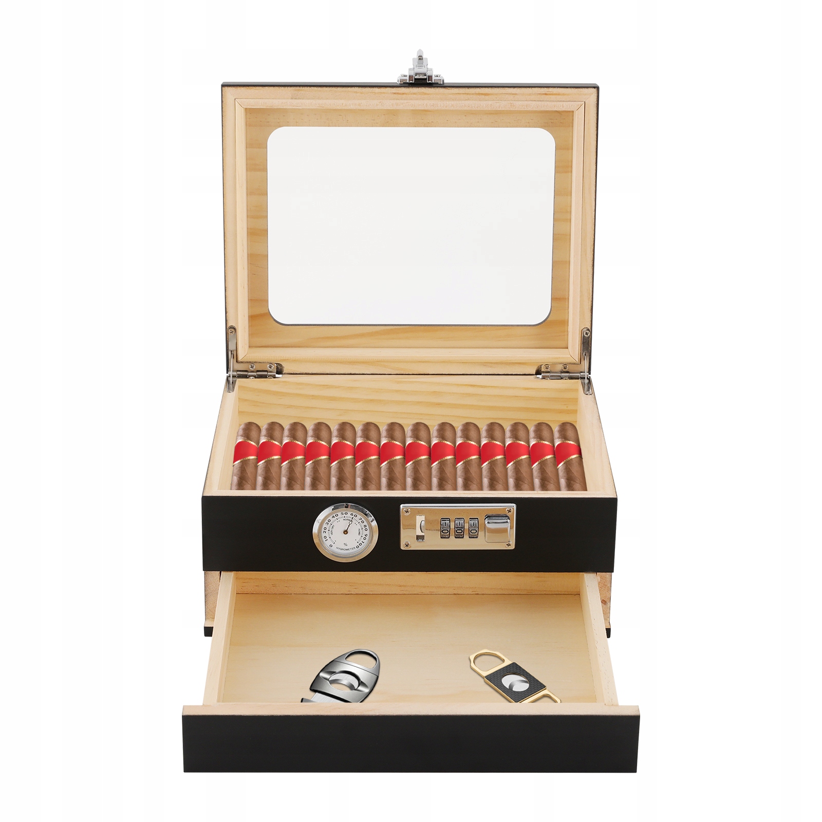 Pudełko Humidor na Cygaro, Pudełko Humidor Biurkowy, Pudełko Humidor na Cygaro z Higrometrem
